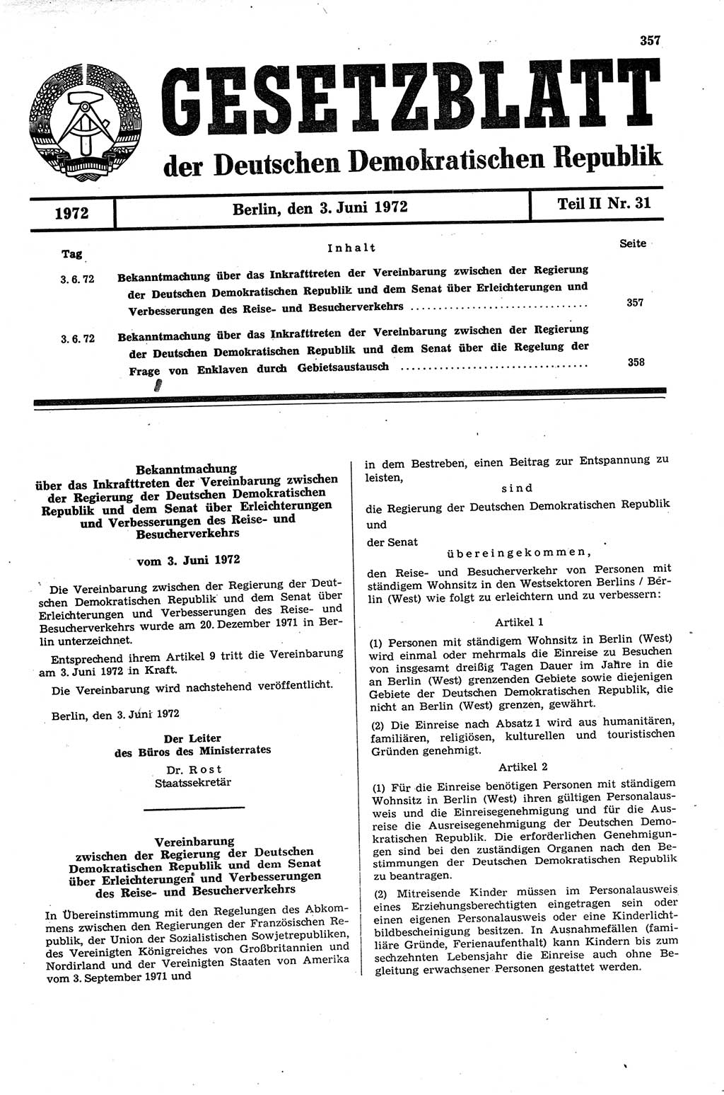 Gesetzblatt (GBl.) der Deutschen Demokratischen Republik (DDR) Teil ⅠⅠ 1972, Seite 357 (GBl. DDR ⅠⅠ 1972, S. 357)