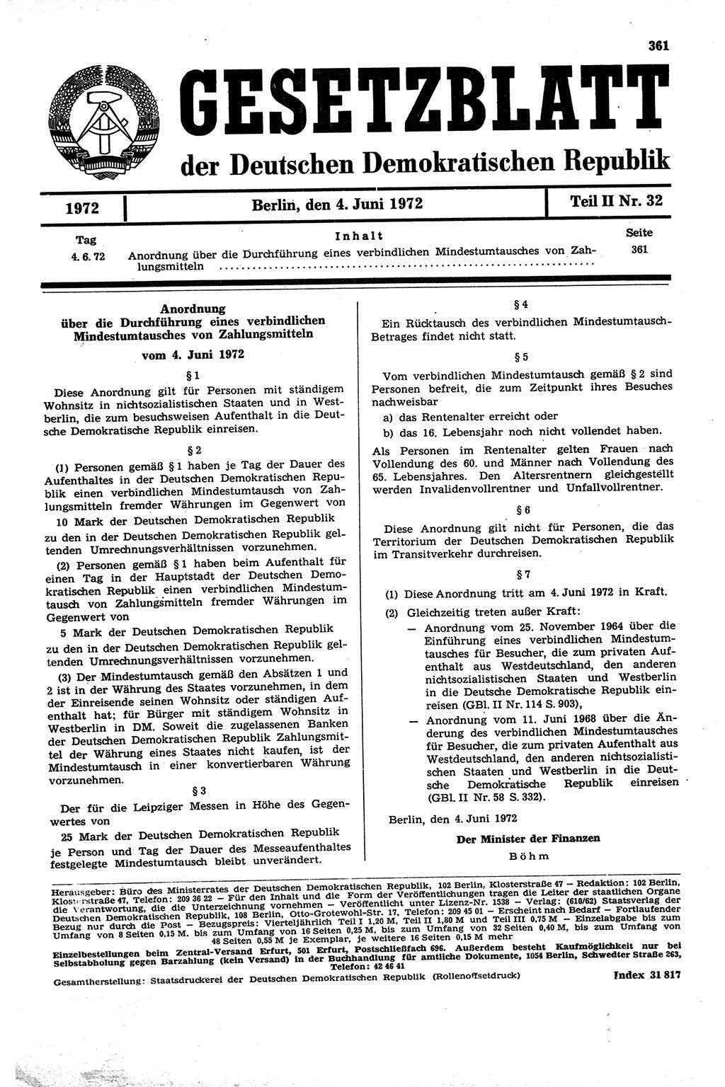 Gesetzblatt (GBl.) der Deutschen Demokratischen Republik (DDR) Teil ⅠⅠ 1972, Seite 361 (GBl. DDR ⅠⅠ 1972, S. 361)