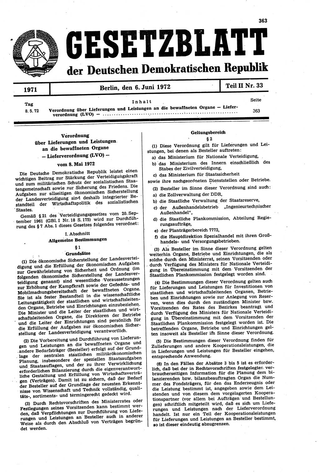 Gesetzblatt (GBl.) der Deutschen Demokratischen Republik (DDR) Teil ⅠⅠ 1972, Seite 363 (GBl. DDR ⅠⅠ 1972, S. 363)
