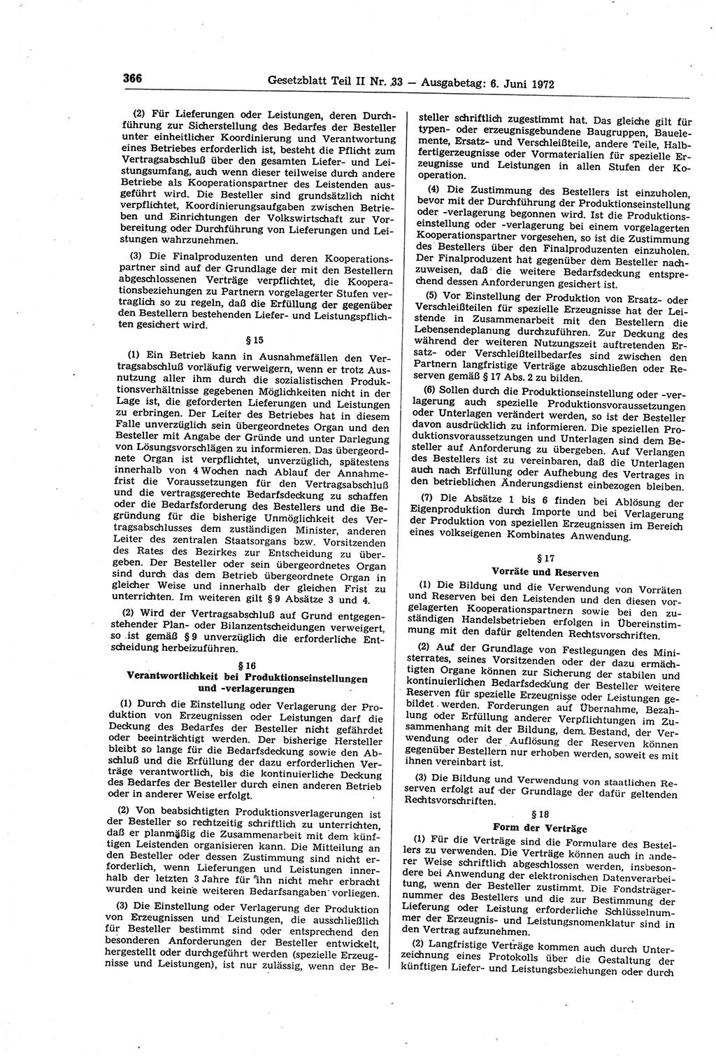 Gesetzblatt (GBl.) der Deutschen Demokratischen Republik (DDR) Teil ⅠⅠ 1972, Seite 366 (GBl. DDR ⅠⅠ 1972, S. 366)