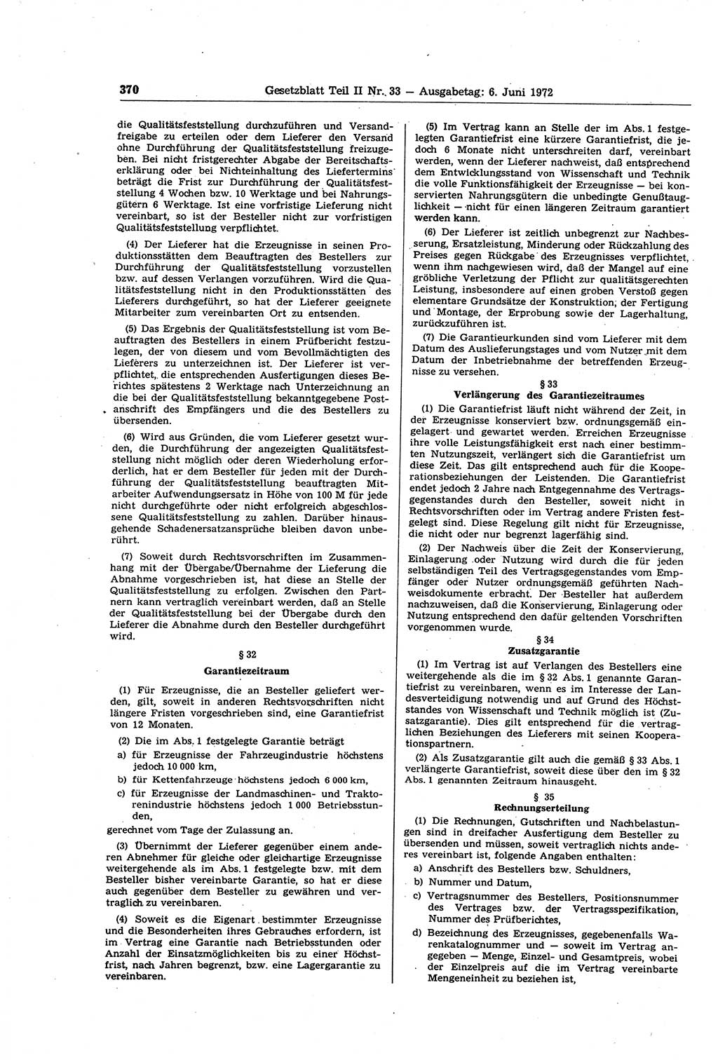 Gesetzblatt (GBl.) der Deutschen Demokratischen Republik (DDR) Teil ⅠⅠ 1972, Seite 370 (GBl. DDR ⅠⅠ 1972, S. 370)