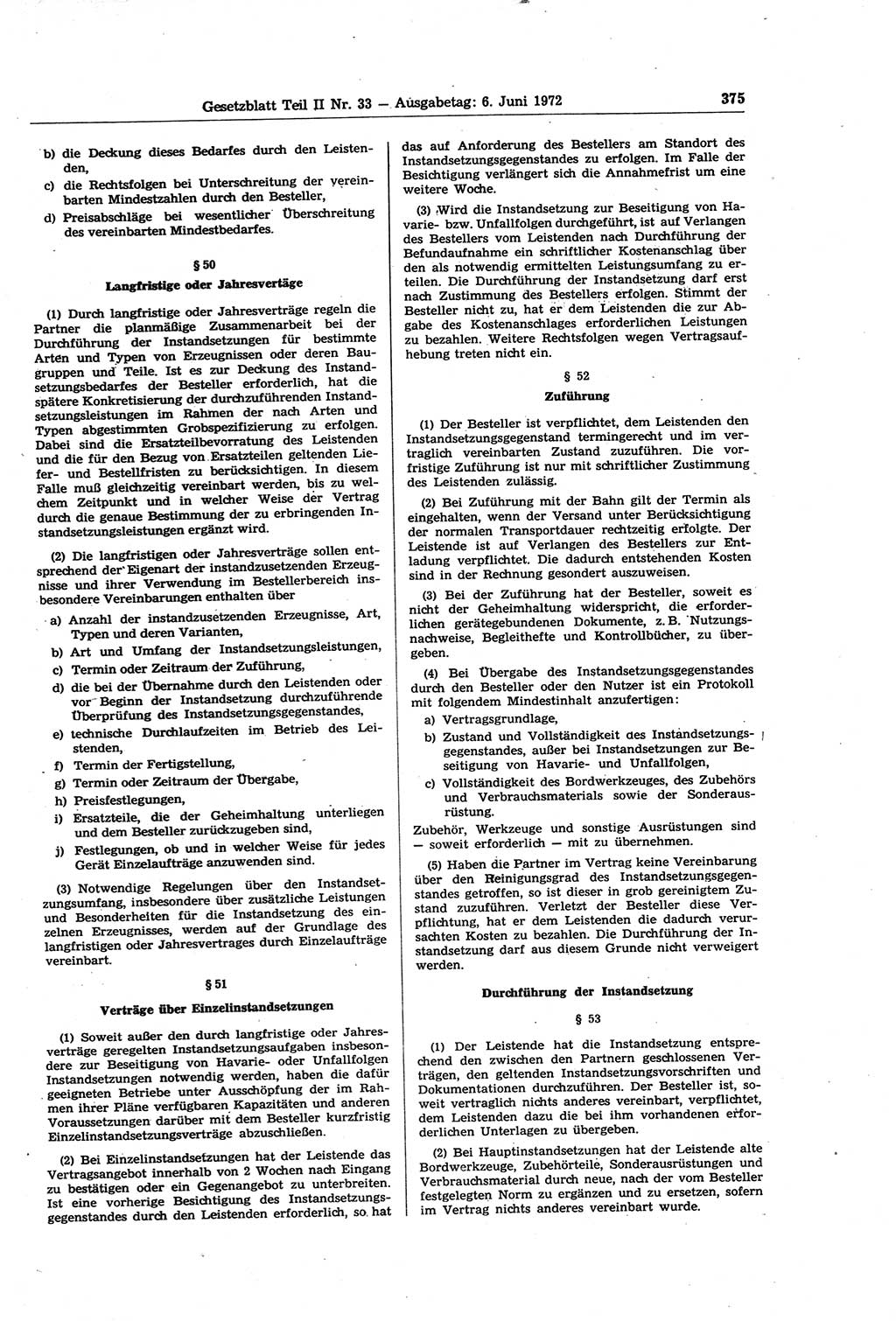 Gesetzblatt (GBl.) der Deutschen Demokratischen Republik (DDR) Teil ⅠⅠ 1972, Seite 375 (GBl. DDR ⅠⅠ 1972, S. 375)