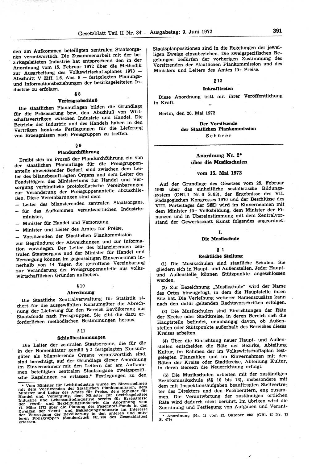 Gesetzblatt (GBl.) der Deutschen Demokratischen Republik (DDR) Teil ⅠⅠ 1972, Seite 391 (GBl. DDR ⅠⅠ 1972, S. 391)