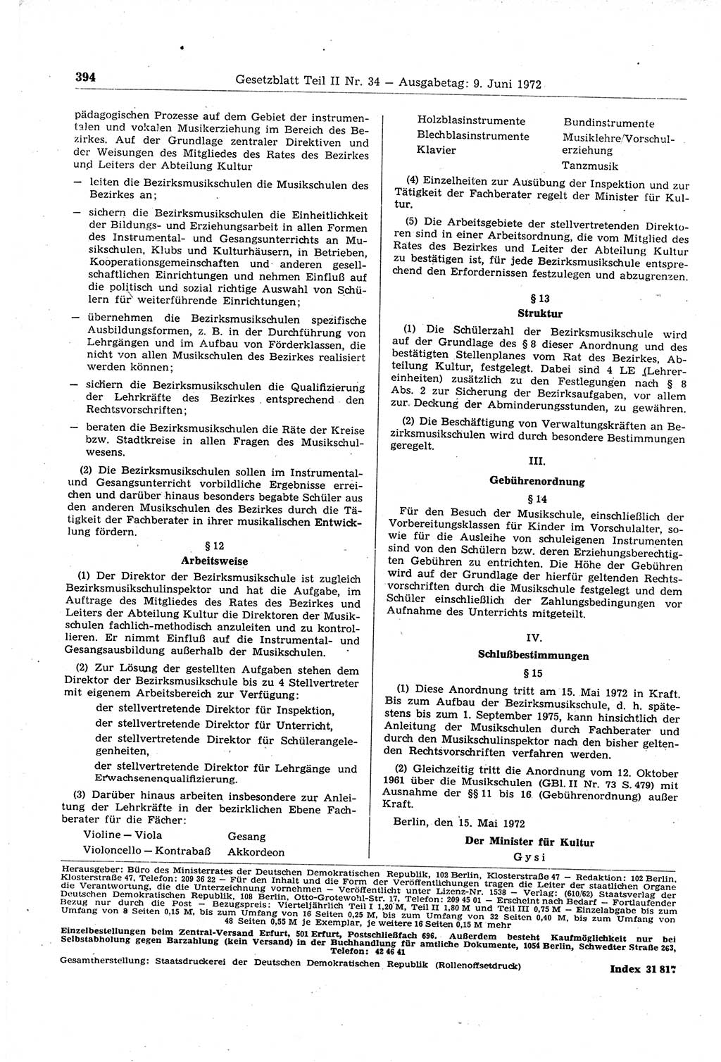 Gesetzblatt (GBl.) der Deutschen Demokratischen Republik (DDR) Teil ⅠⅠ 1972, Seite 394 (GBl. DDR ⅠⅠ 1972, S. 394)
