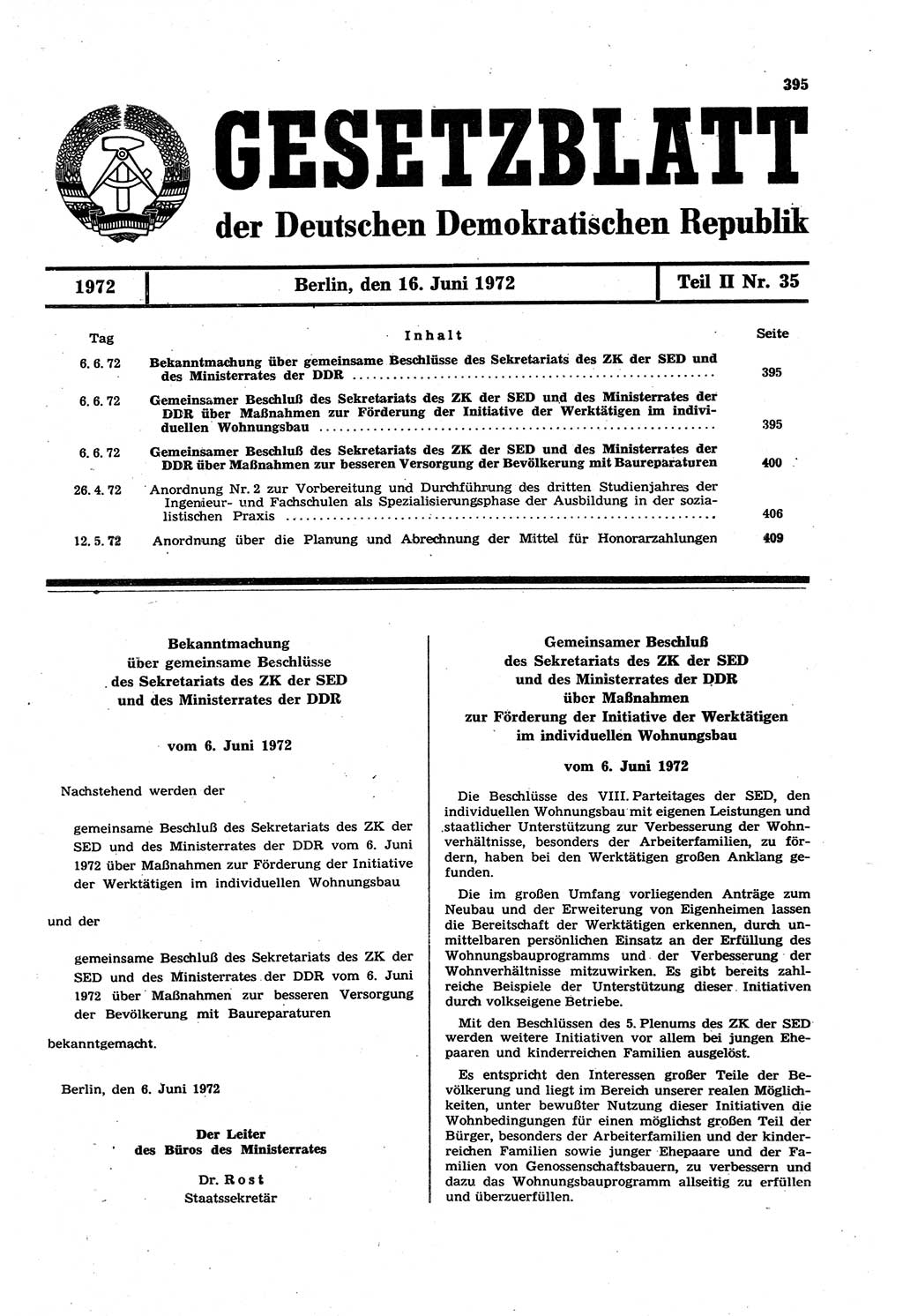 Gesetzblatt (GBl.) der Deutschen Demokratischen Republik (DDR) Teil ⅠⅠ 1972, Seite 395 (GBl. DDR ⅠⅠ 1972, S. 395)