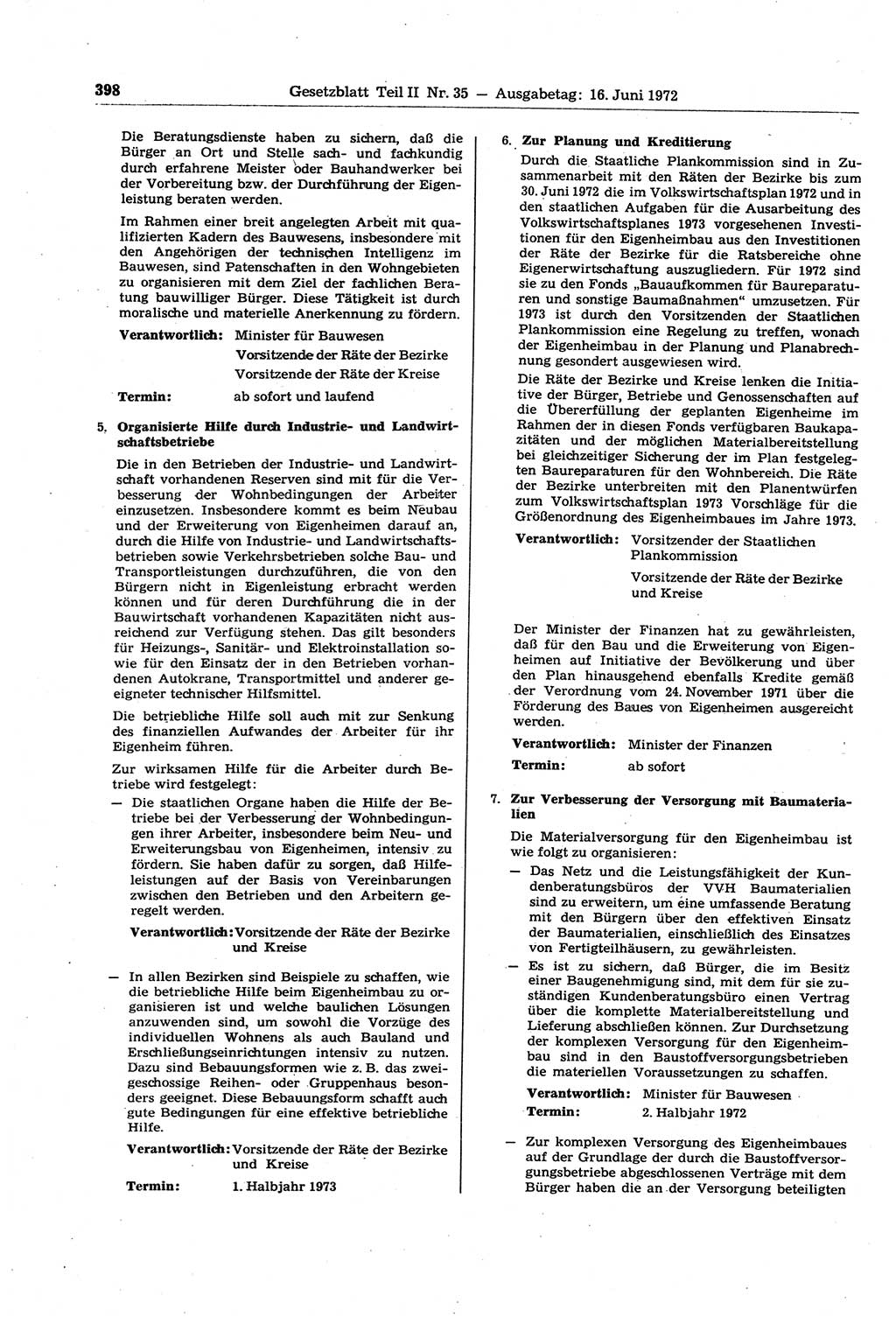 Gesetzblatt (GBl.) der Deutschen Demokratischen Republik (DDR) Teil ⅠⅠ 1972, Seite 398 (GBl. DDR ⅠⅠ 1972, S. 398)