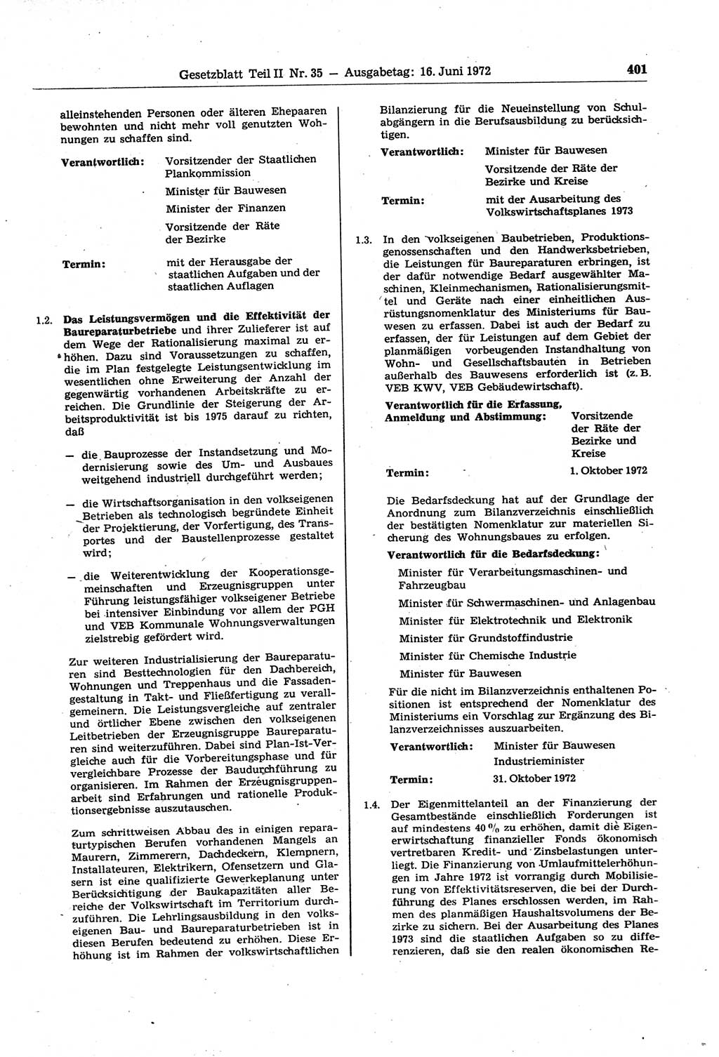 Gesetzblatt (GBl.) der Deutschen Demokratischen Republik (DDR) Teil ⅠⅠ 1972, Seite 401 (GBl. DDR ⅠⅠ 1972, S. 401)