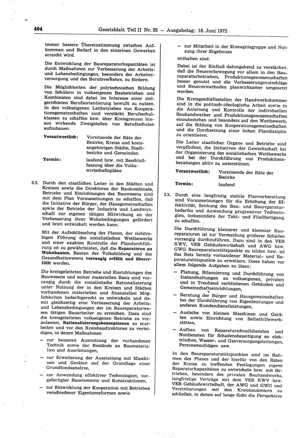 Gesetzblatt (GBl.) der Deutschen Demokratischen Republik (DDR) Teil ⅠⅠ 1972, Seite 404 (GBl. DDR ⅠⅠ 1972, S. 404)