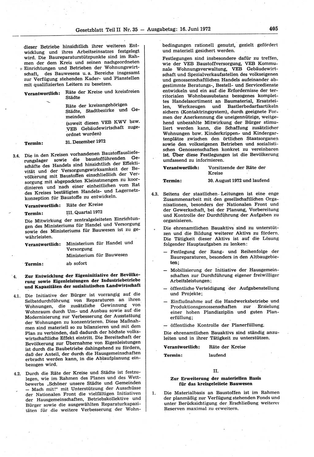 Gesetzblatt (GBl.) der Deutschen Demokratischen Republik (DDR) Teil ⅠⅠ 1972, Seite 405 (GBl. DDR ⅠⅠ 1972, S. 405)