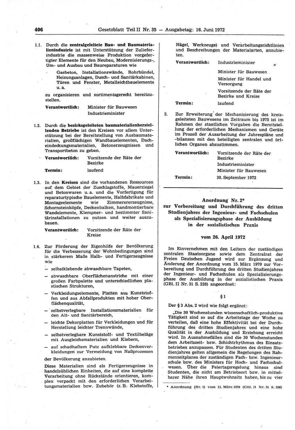 Gesetzblatt (GBl.) der Deutschen Demokratischen Republik (DDR) Teil ⅠⅠ 1972, Seite 406 (GBl. DDR ⅠⅠ 1972, S. 406)