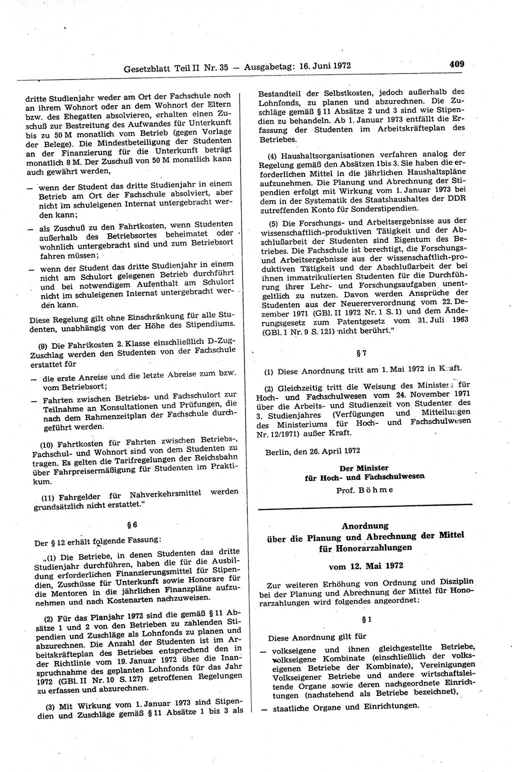Gesetzblatt (GBl.) der Deutschen Demokratischen Republik (DDR) Teil ⅠⅠ 1972, Seite 409 (GBl. DDR ⅠⅠ 1972, S. 409)