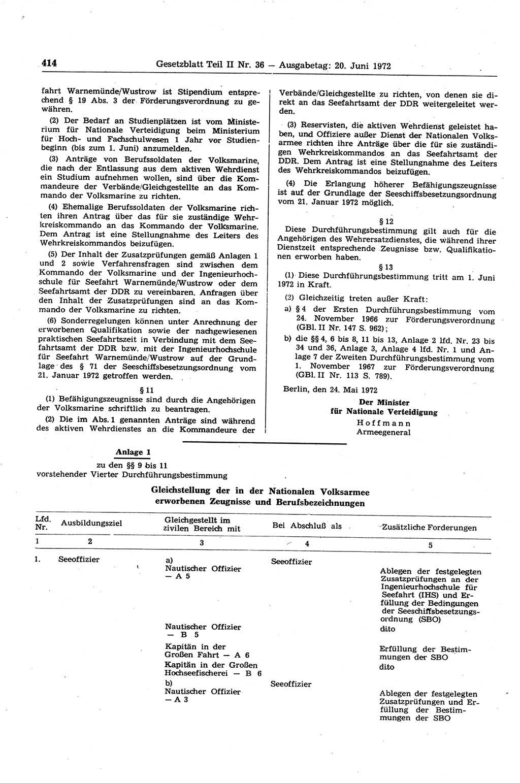 Gesetzblatt (GBl.) der Deutschen Demokratischen Republik (DDR) Teil ⅠⅠ 1972, Seite 414 (GBl. DDR ⅠⅠ 1972, S. 414)