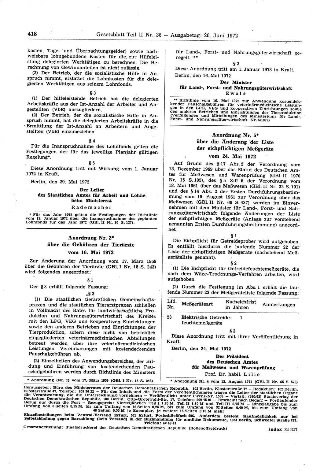 Gesetzblatt (GBl.) der Deutschen Demokratischen Republik (DDR) Teil ⅠⅠ 1972, Seite 418 (GBl. DDR ⅠⅠ 1972, S. 418)