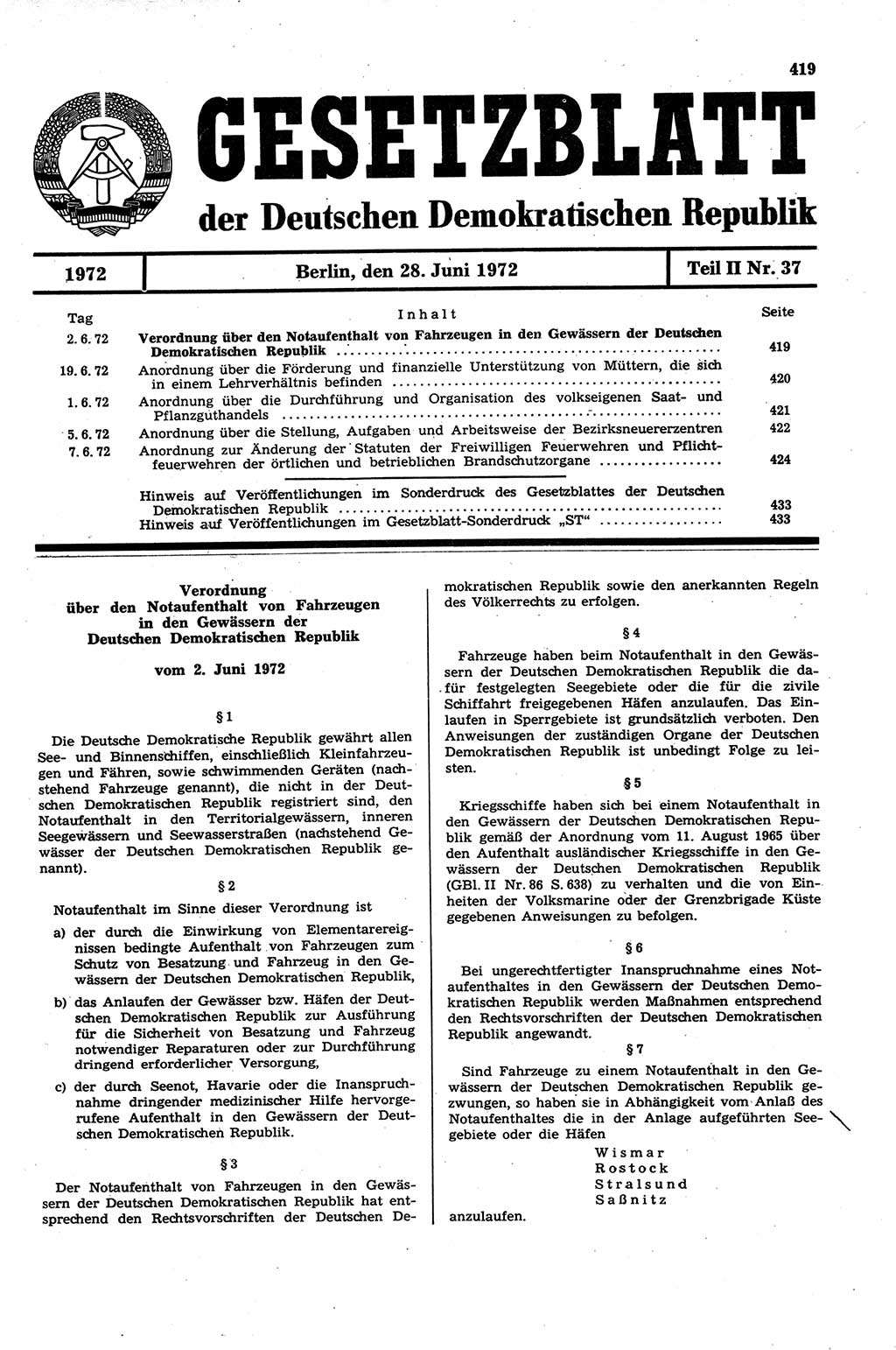 Gesetzblatt (GBl.) der Deutschen Demokratischen Republik (DDR) Teil ⅠⅠ 1972, Seite 419 (GBl. DDR ⅠⅠ 1972, S. 419)