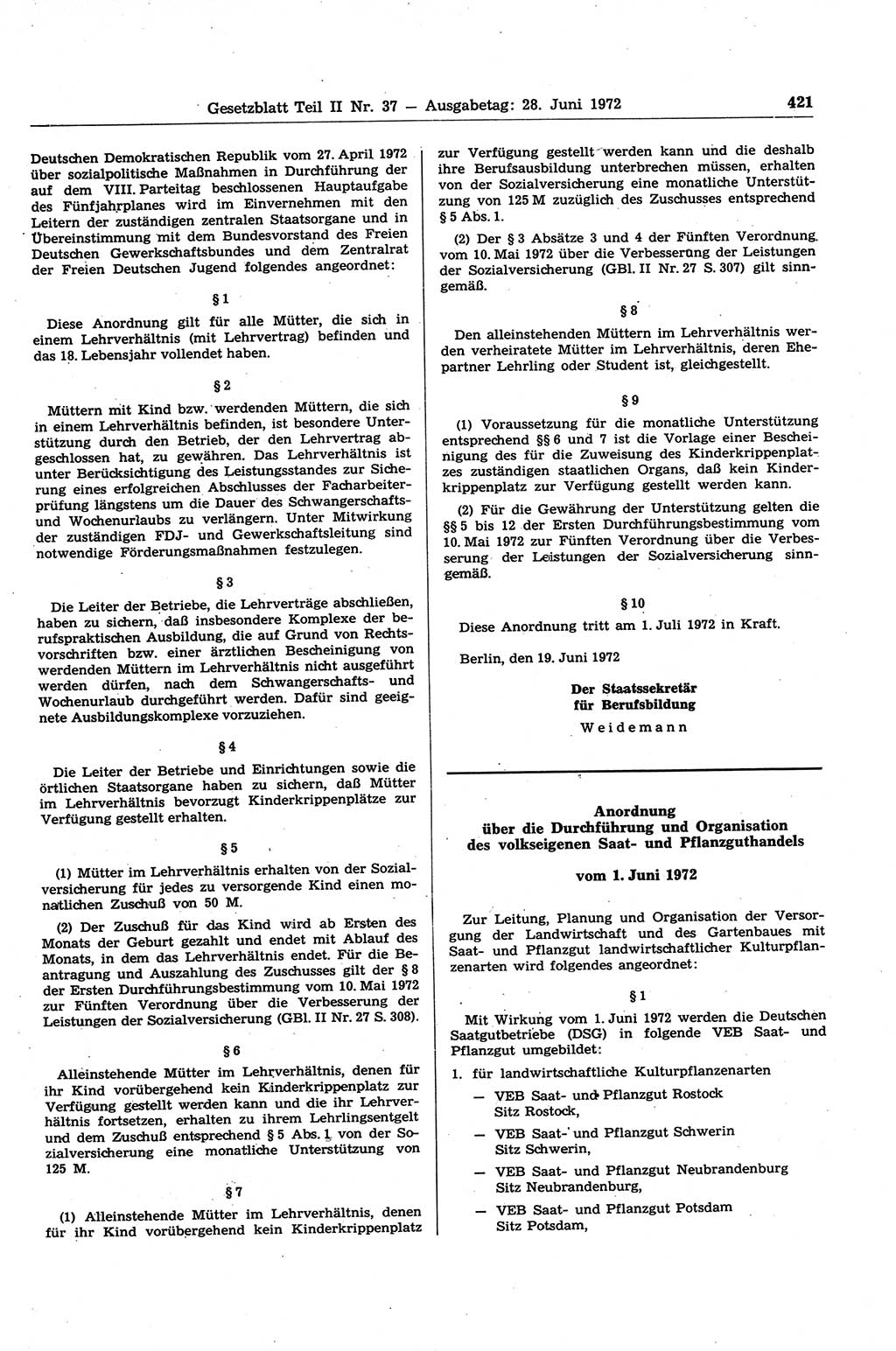 Gesetzblatt (GBl.) der Deutschen Demokratischen Republik (DDR) Teil ⅠⅠ 1972, Seite 421 (GBl. DDR ⅠⅠ 1972, S. 421)