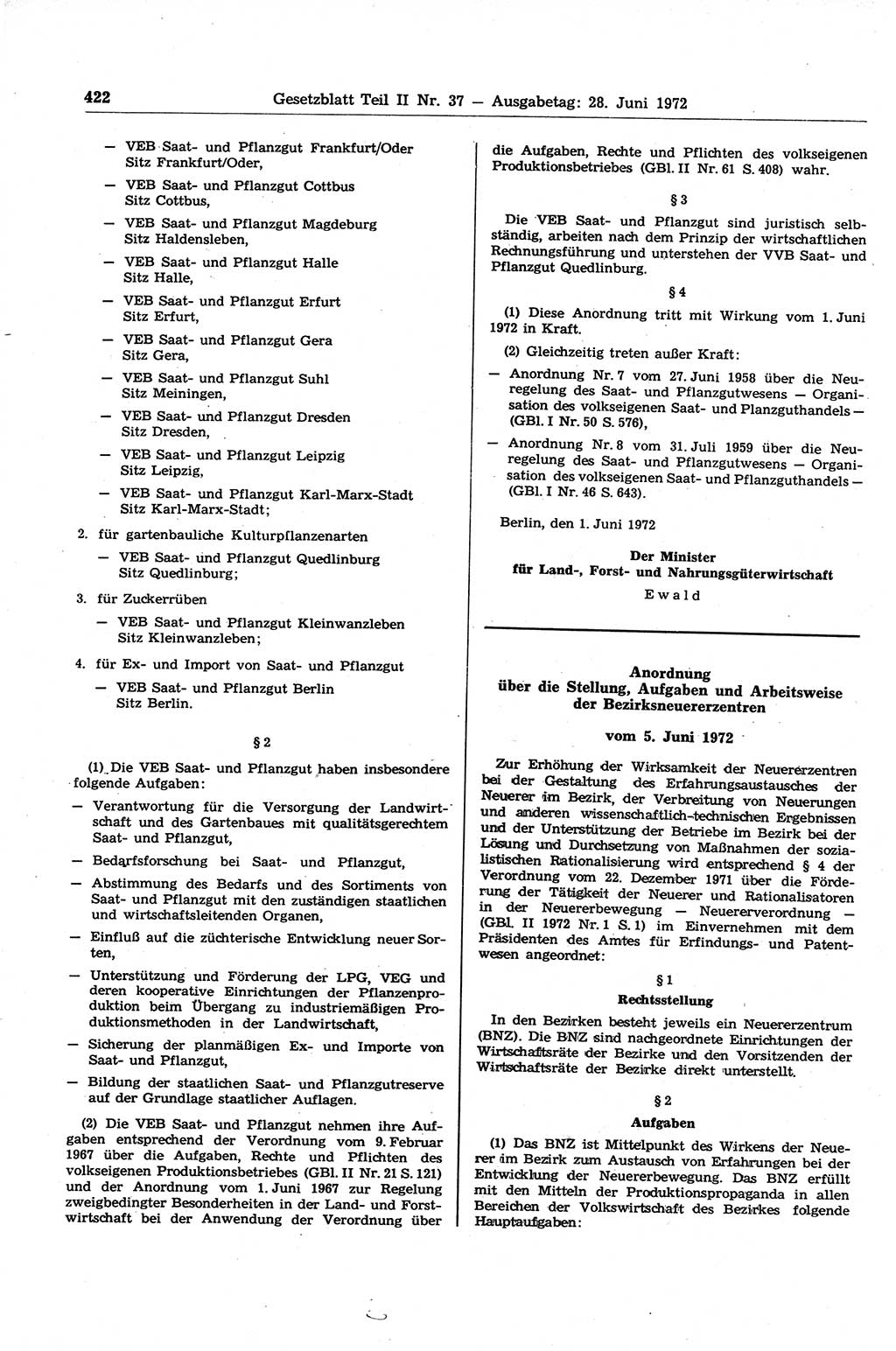 Gesetzblatt (GBl.) der Deutschen Demokratischen Republik (DDR) Teil ⅠⅠ 1972, Seite 422 (GBl. DDR ⅠⅠ 1972, S. 422)