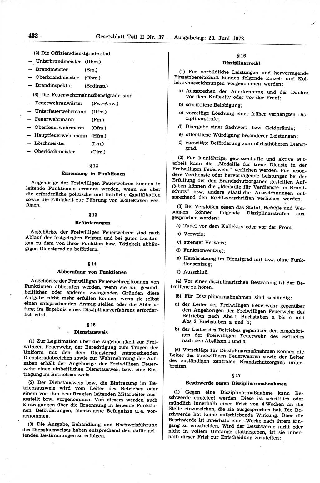 Gesetzblatt (GBl.) der Deutschen Demokratischen Republik (DDR) Teil ⅠⅠ 1972, Seite 432 (GBl. DDR ⅠⅠ 1972, S. 432)