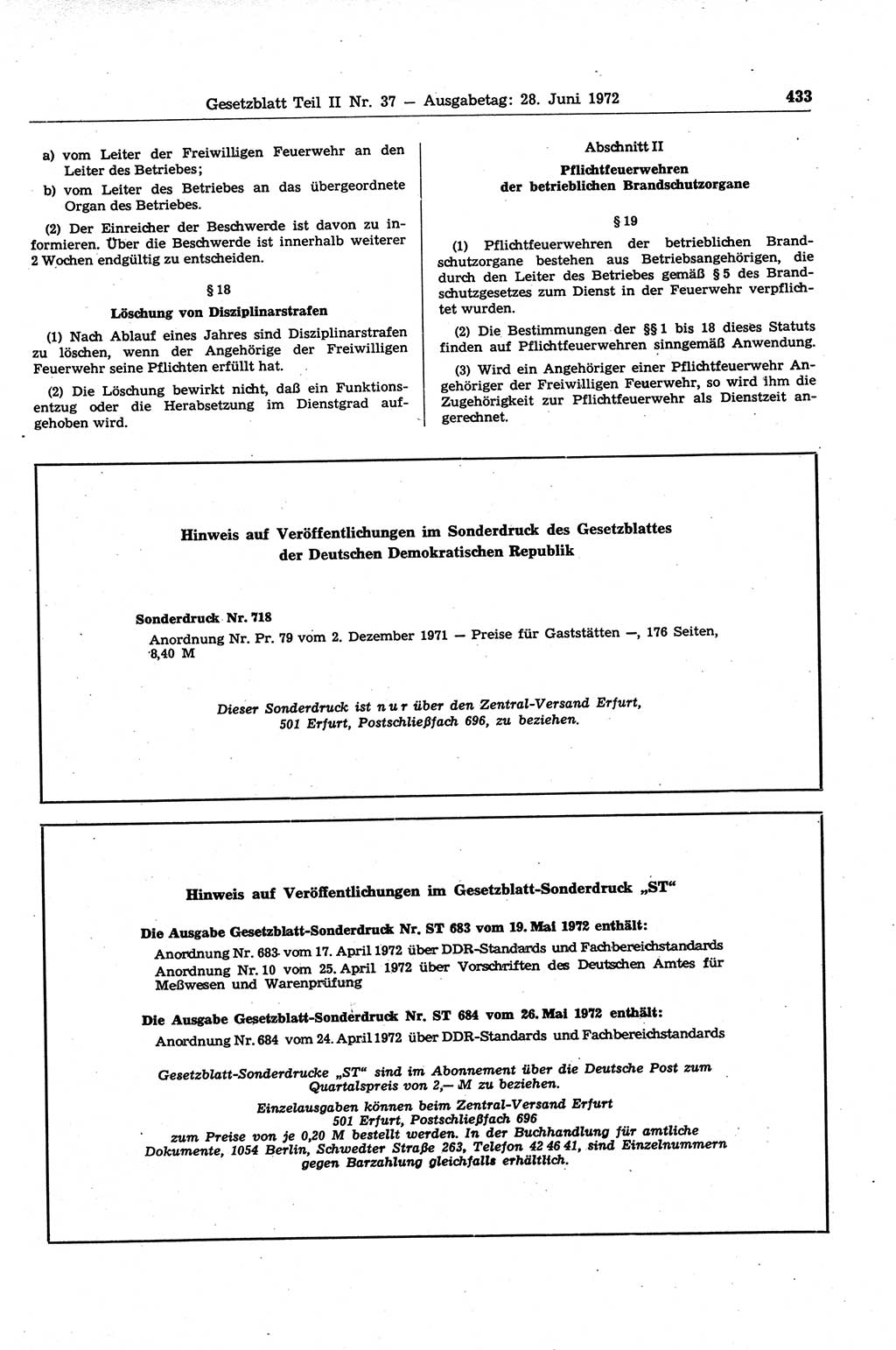 Gesetzblatt (GBl.) der Deutschen Demokratischen Republik (DDR) Teil ⅠⅠ 1972, Seite 433 (GBl. DDR ⅠⅠ 1972, S. 433)