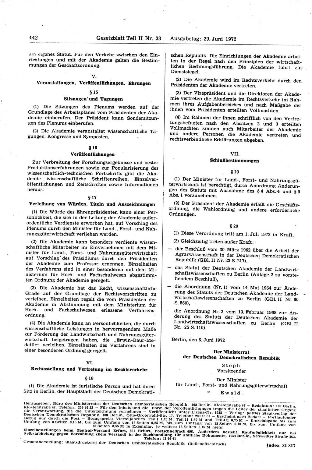 Gesetzblatt (GBl.) der Deutschen Demokratischen Republik (DDR) Teil ⅠⅠ 1972, Seite 442 (GBl. DDR ⅠⅠ 1972, S. 442)