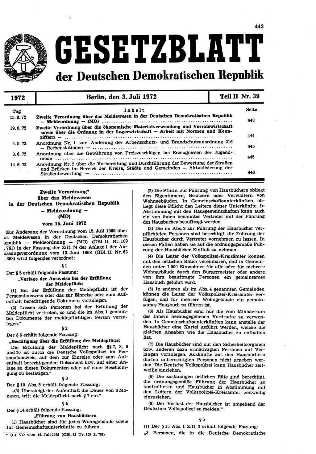Gesetzblatt (GBl.) der Deutschen Demokratischen Republik (DDR) Teil ⅠⅠ 1972, Seite 443 (GBl. DDR ⅠⅠ 1972, S. 443)