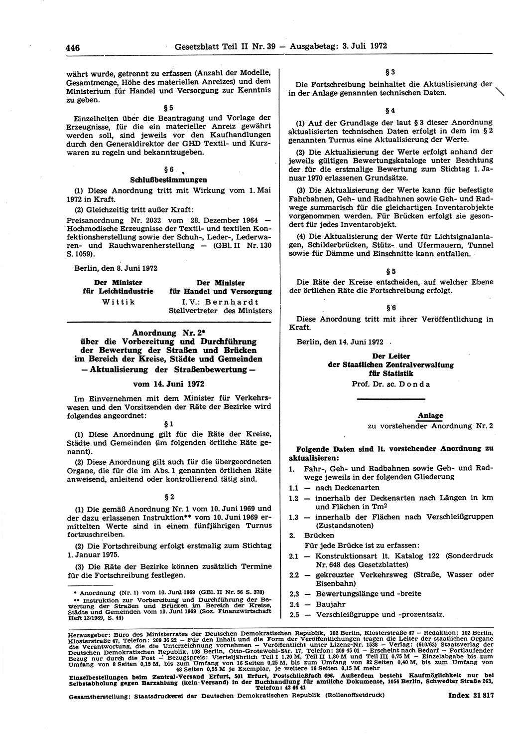 Gesetzblatt (GBl.) der Deutschen Demokratischen Republik (DDR) Teil ⅠⅠ 1972, Seite 446 (GBl. DDR ⅠⅠ 1972, S. 446)