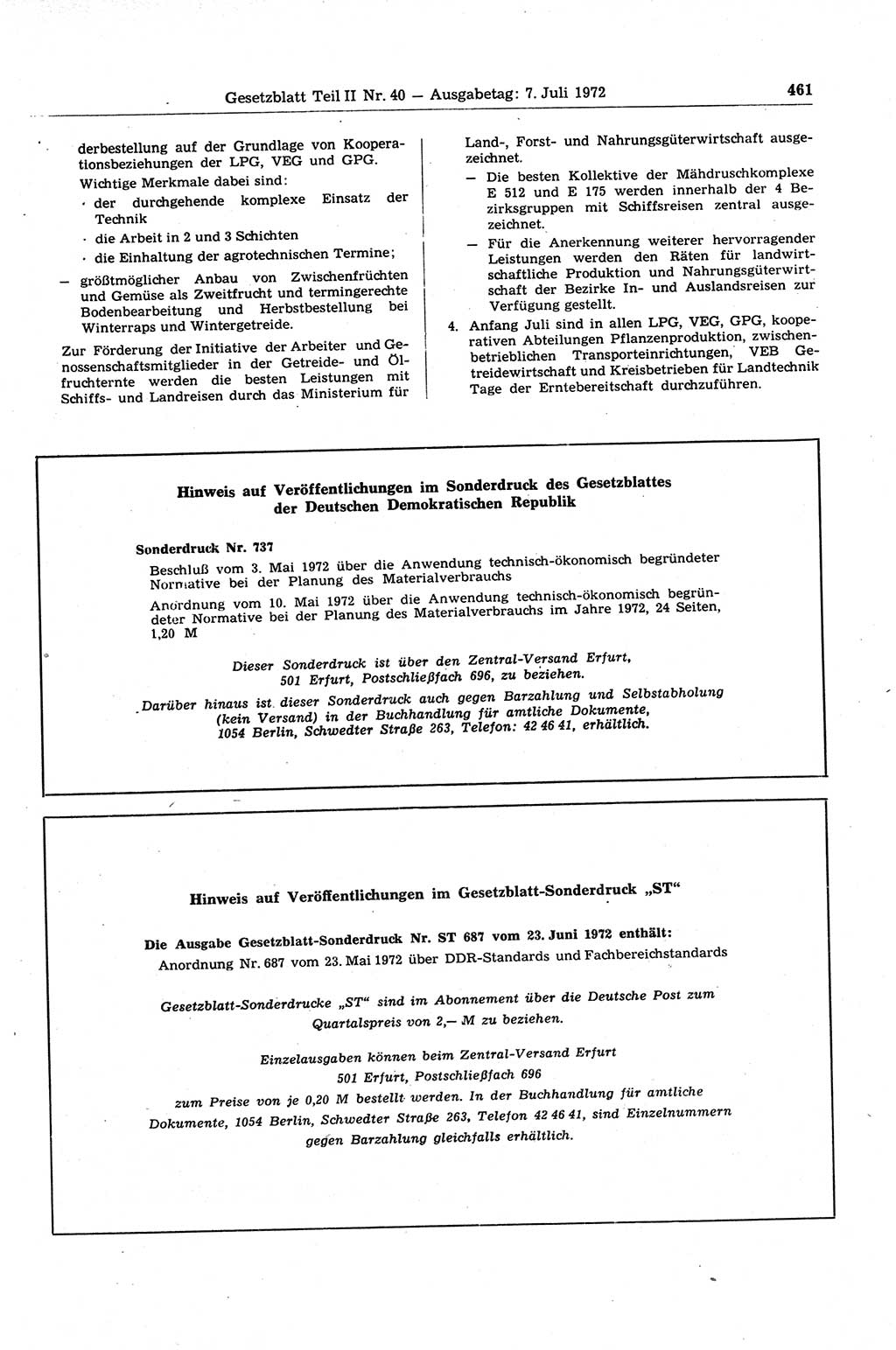 Gesetzblatt (GBl.) der Deutschen Demokratischen Republik (DDR) Teil ⅠⅠ 1972, Seite 461 (GBl. DDR ⅠⅠ 1972, S. 461)