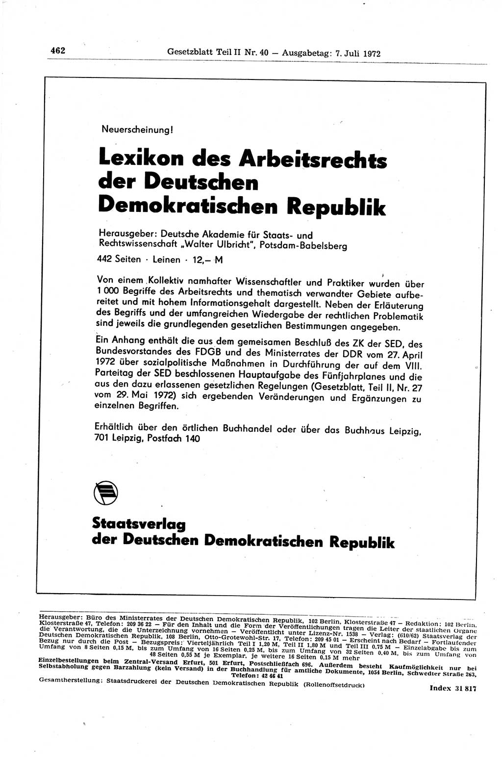 Gesetzblatt (GBl.) der Deutschen Demokratischen Republik (DDR) Teil ⅠⅠ 1972, Seite 462 (GBl. DDR ⅠⅠ 1972, S. 462)