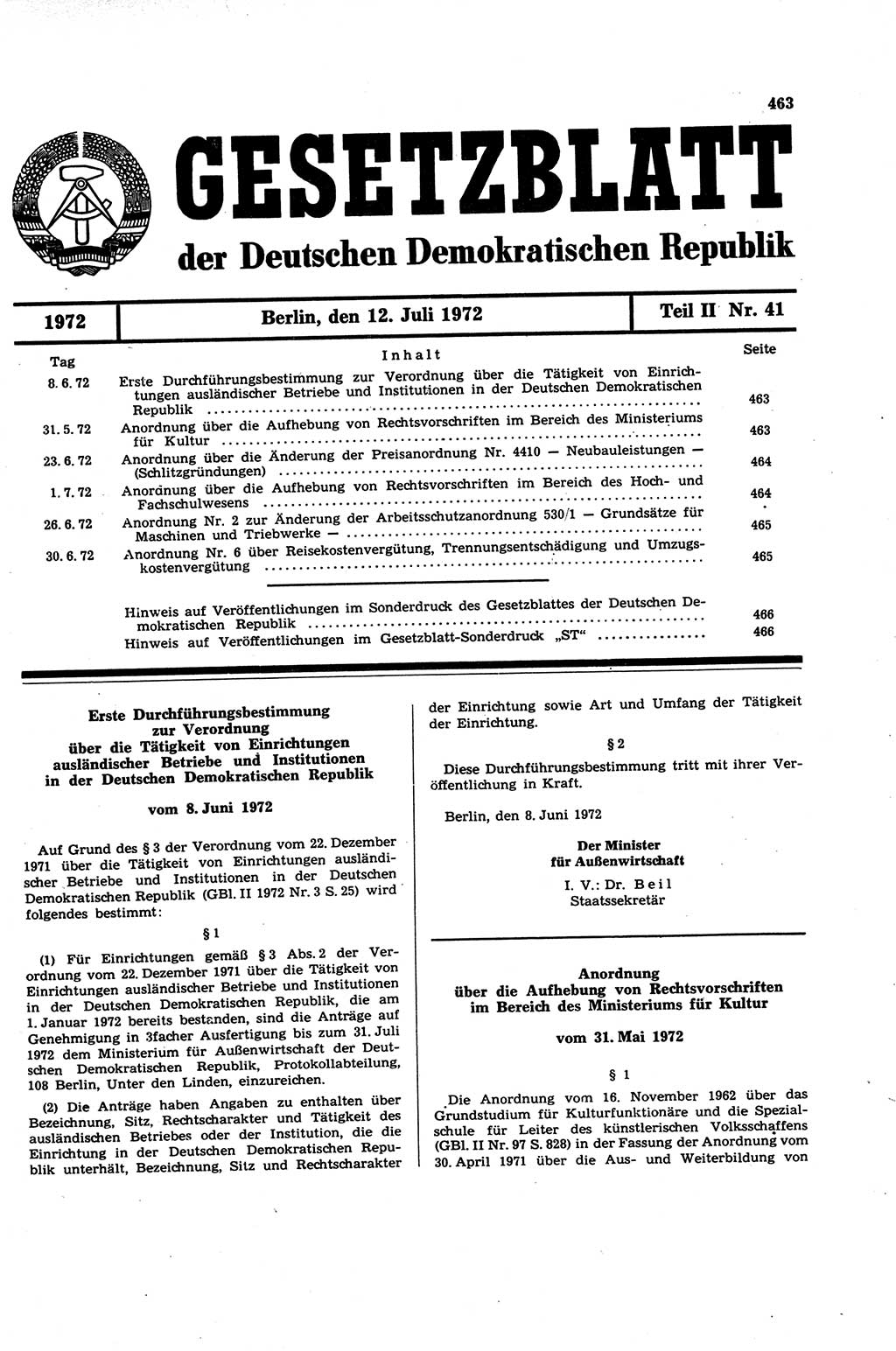 Gesetzblatt (GBl.) der Deutschen Demokratischen Republik (DDR) Teil ⅠⅠ 1972, Seite 463 (GBl. DDR ⅠⅠ 1972, S. 463)