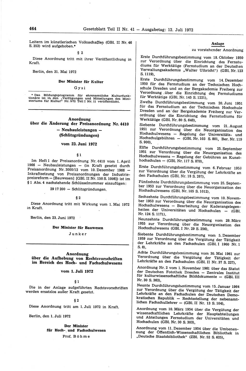 Gesetzblatt (GBl.) der Deutschen Demokratischen Republik (DDR) Teil ⅠⅠ 1972, Seite 464 (GBl. DDR ⅠⅠ 1972, S. 464)