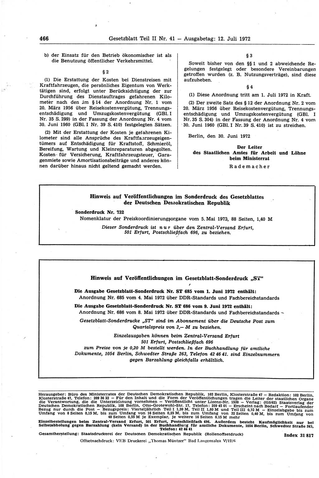 Gesetzblatt (GBl.) der Deutschen Demokratischen Republik (DDR) Teil ⅠⅠ 1972, Seite 466 (GBl. DDR ⅠⅠ 1972, S. 466)