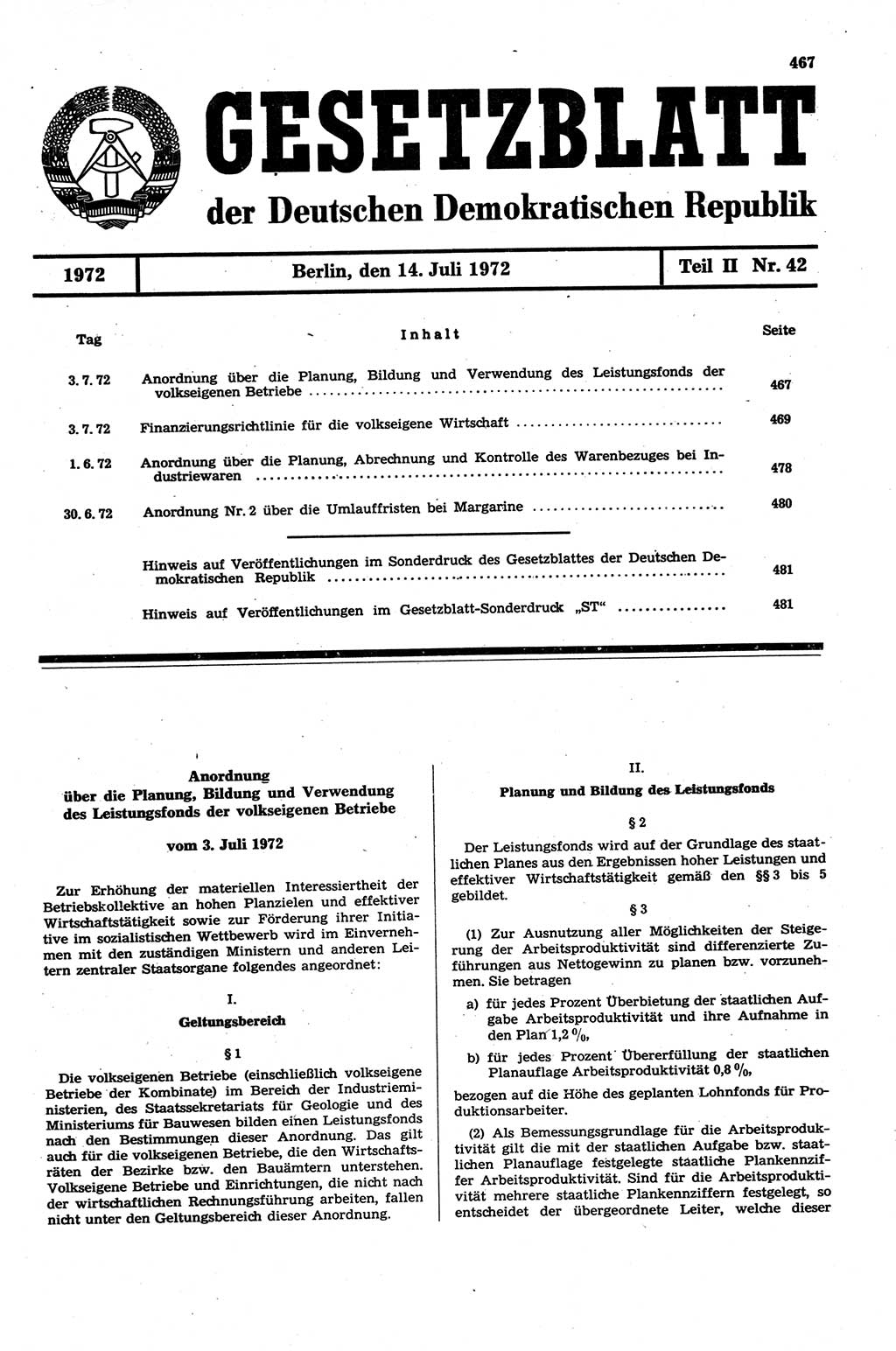 Gesetzblatt (GBl.) der Deutschen Demokratischen Republik (DDR) Teil ⅠⅠ 1972, Seite 467 (GBl. DDR ⅠⅠ 1972, S. 467)