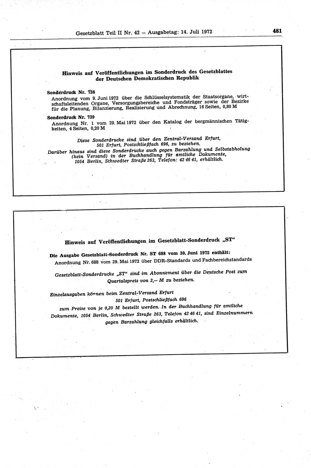 Gesetzblatt (GBl.) der Deutschen Demokratischen Republik (DDR) Teil ⅠⅠ 1972, Seite 481 (GBl. DDR ⅠⅠ 1972, S. 481)