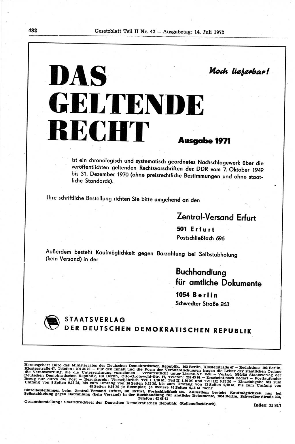 Gesetzblatt (GBl.) der Deutschen Demokratischen Republik (DDR) Teil ⅠⅠ 1972, Seite 482 (GBl. DDR ⅠⅠ 1972, S. 482)