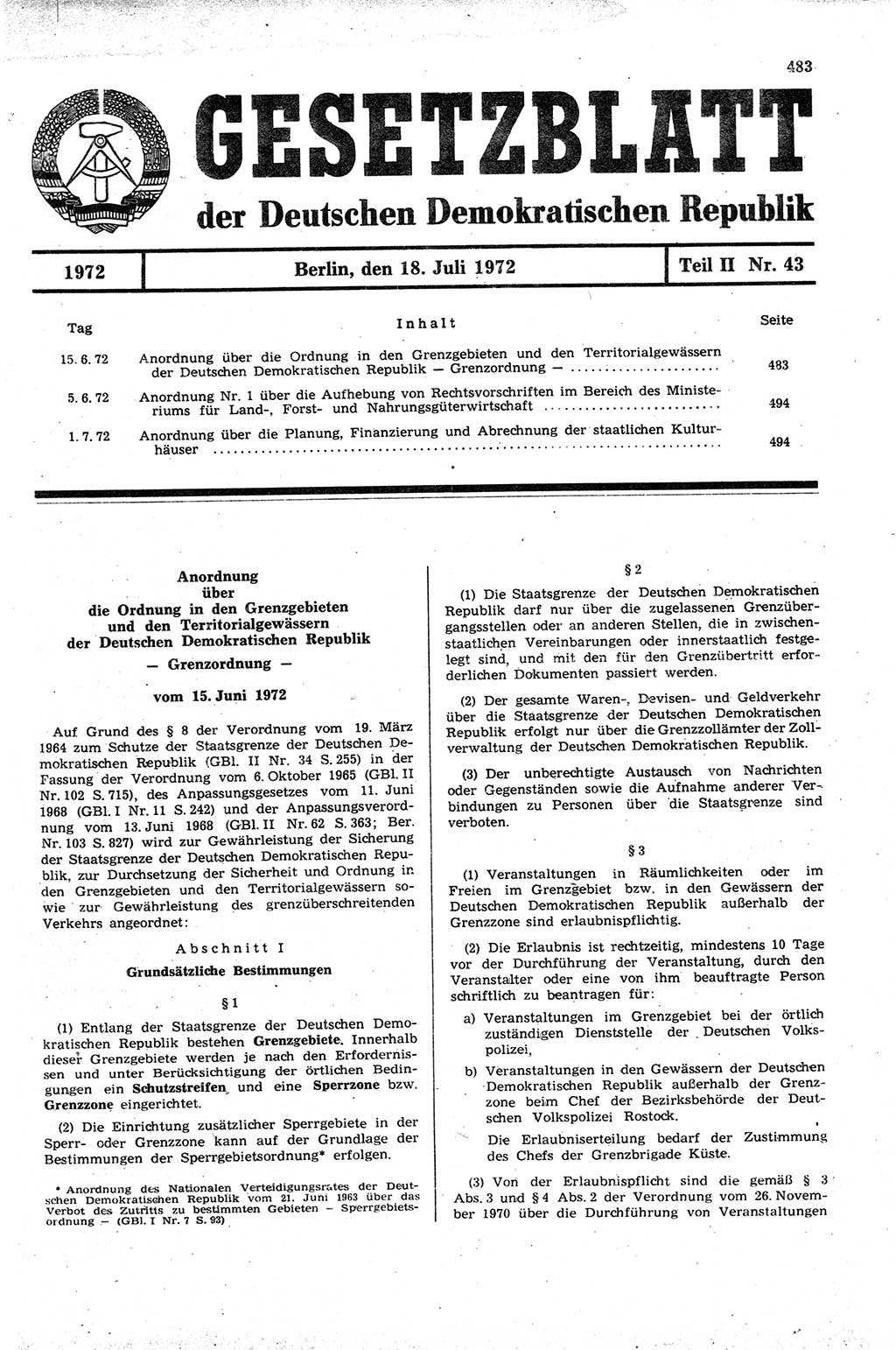 Gesetzblatt (GBl.) der Deutschen Demokratischen Republik (DDR) Teil ⅠⅠ 1972, Seite 483 (GBl. DDR ⅠⅠ 1972, S. 483)