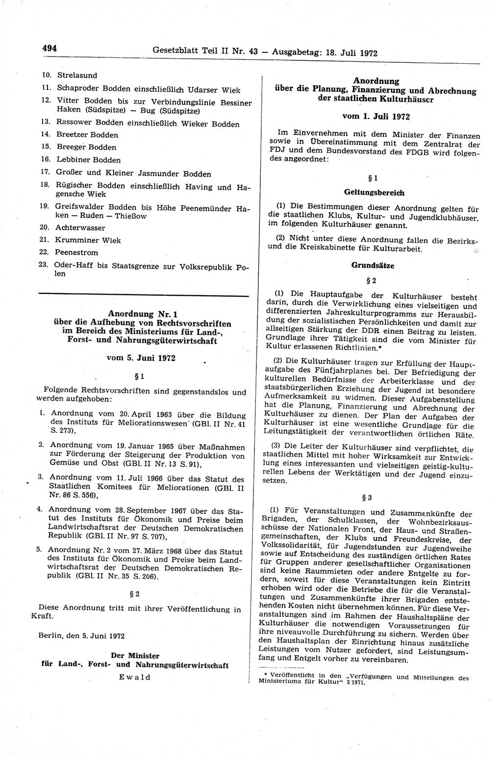 Gesetzblatt (GBl.) der Deutschen Demokratischen Republik (DDR) Teil ⅠⅠ 1972, Seite 494 (GBl. DDR ⅠⅠ 1972, S. 494)