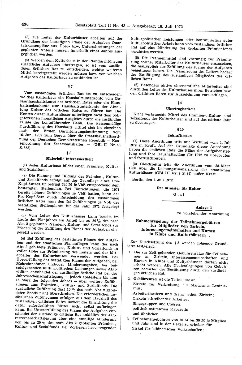 Gesetzblatt (GBl.) der Deutschen Demokratischen Republik (DDR) Teil ⅠⅠ 1972, Seite 496 (GBl. DDR ⅠⅠ 1972, S. 496)