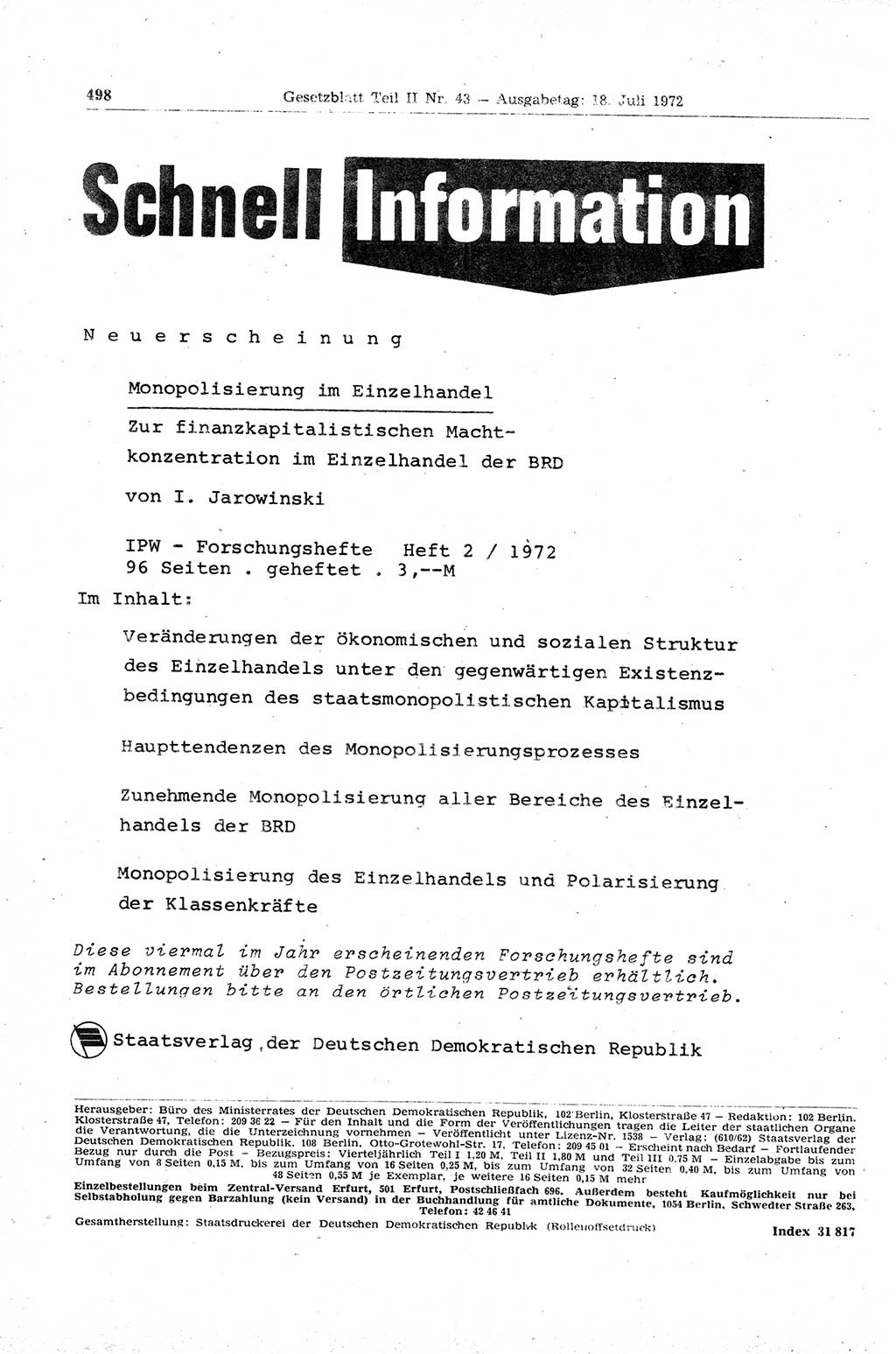 Gesetzblatt (GBl.) der Deutschen Demokratischen Republik (DDR) Teil ⅠⅠ 1972, Seite 498 (GBl. DDR ⅠⅠ 1972, S. 498)