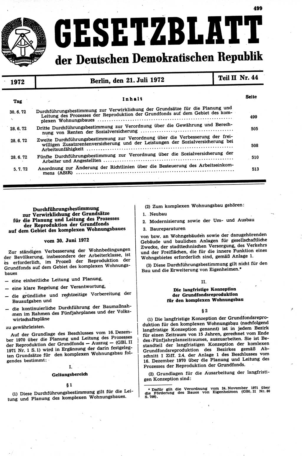 Gesetzblatt (GBl.) der Deutschen Demokratischen Republik (DDR) Teil ⅠⅠ 1972, Seite 499 (GBl. DDR ⅠⅠ 1972, S. 499)