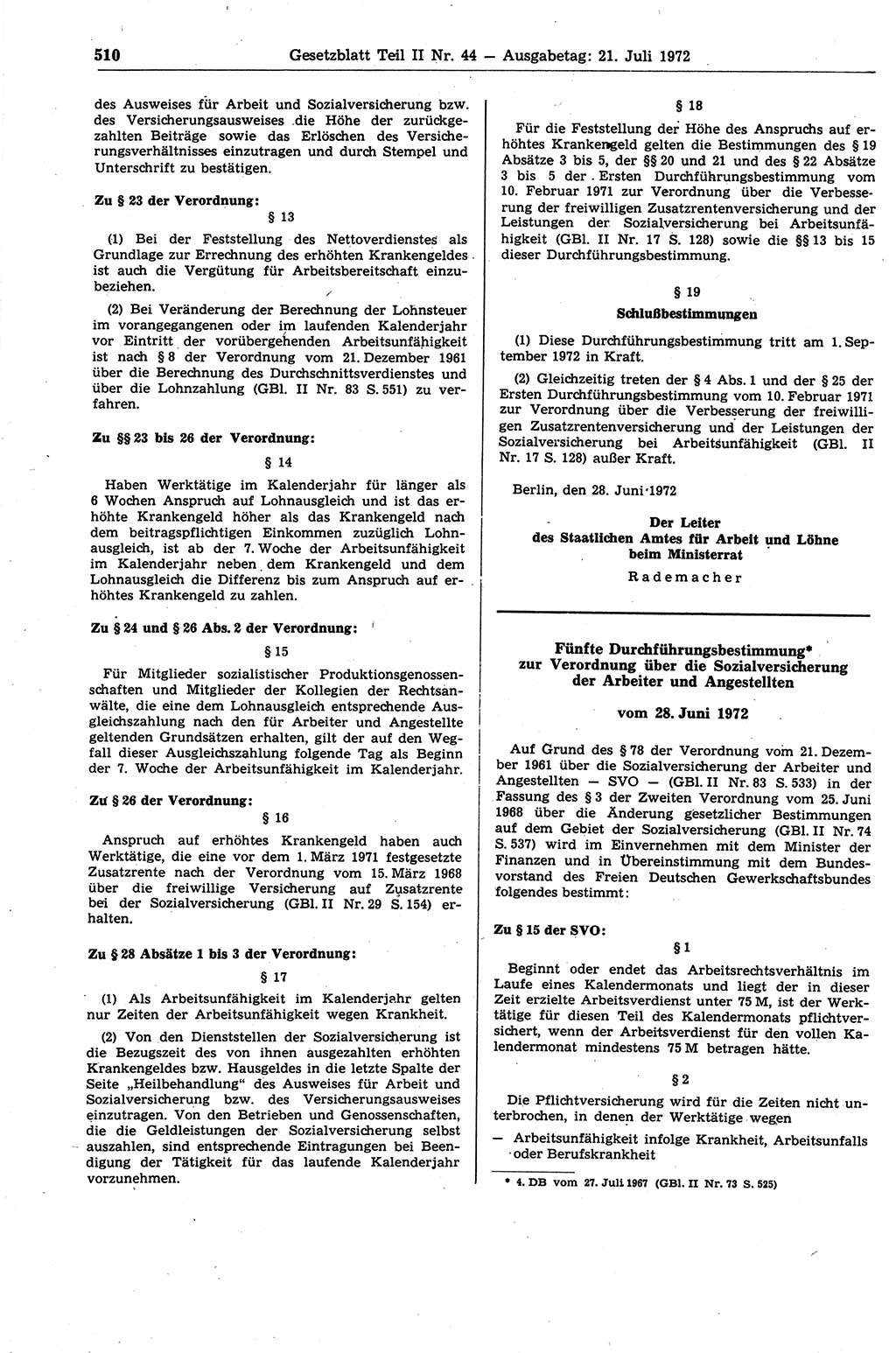 Gesetzblatt (GBl.) der Deutschen Demokratischen Republik (DDR) Teil ⅠⅠ 1972, Seite 510 (GBl. DDR ⅠⅠ 1972, S. 510)