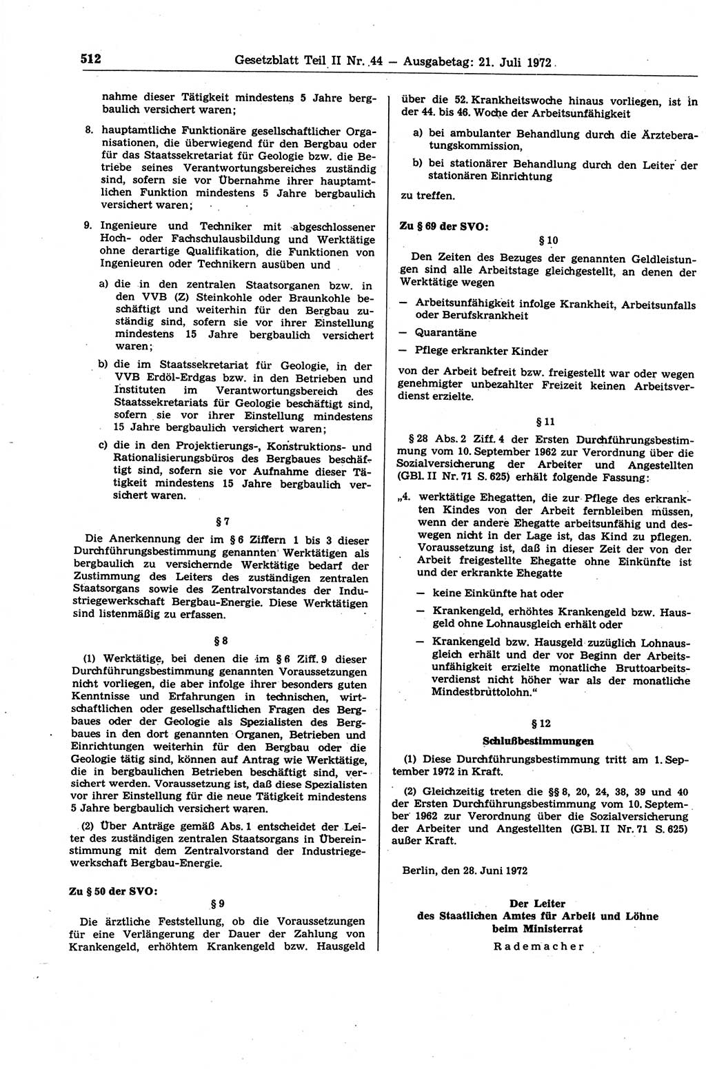 Gesetzblatt (GBl.) der Deutschen Demokratischen Republik (DDR) Teil ⅠⅠ 1972, Seite 512 (GBl. DDR ⅠⅠ 1972, S. 512)