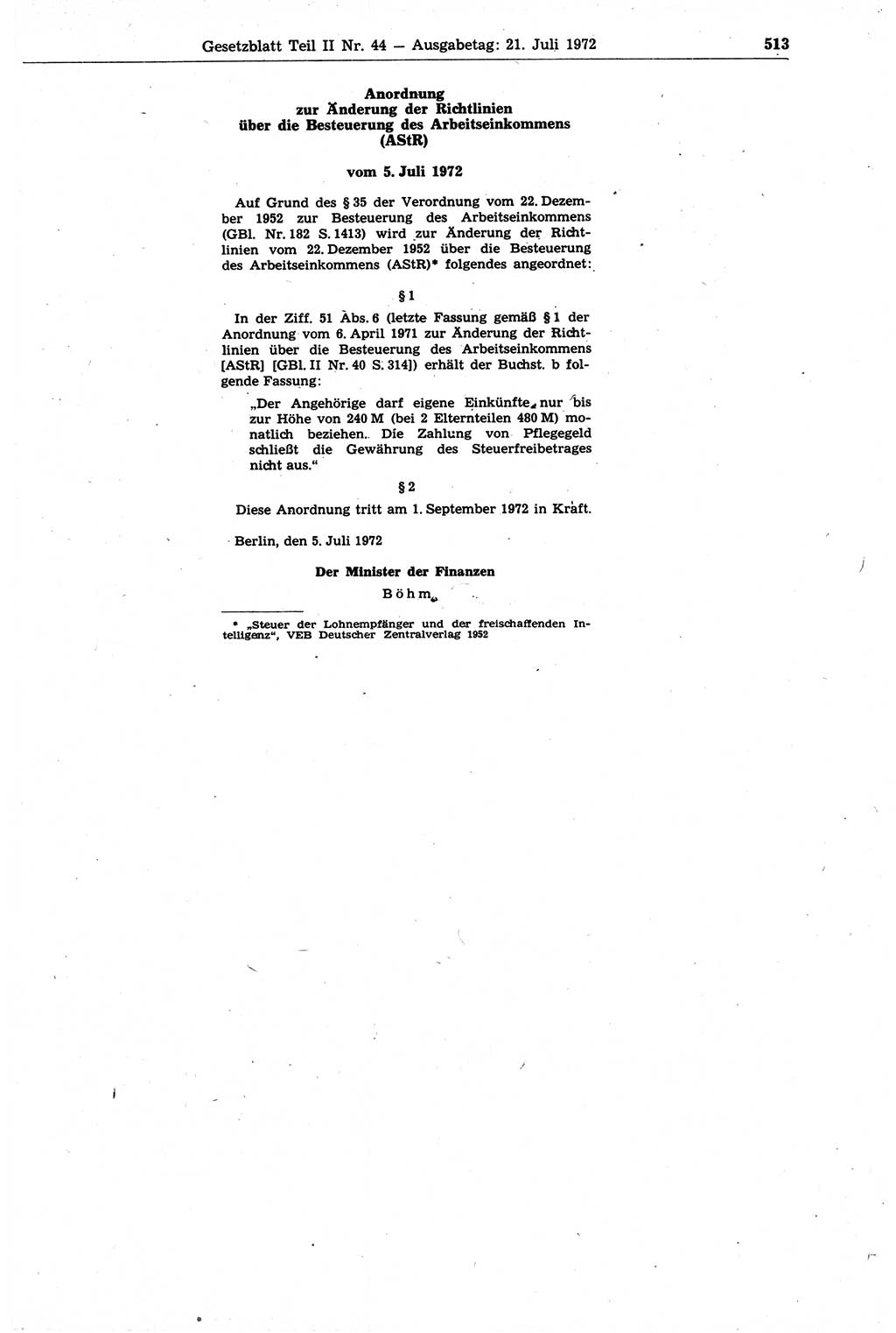Gesetzblatt (GBl.) der Deutschen Demokratischen Republik (DDR) Teil ⅠⅠ 1972, Seite 513 (GBl. DDR ⅠⅠ 1972, S. 513)