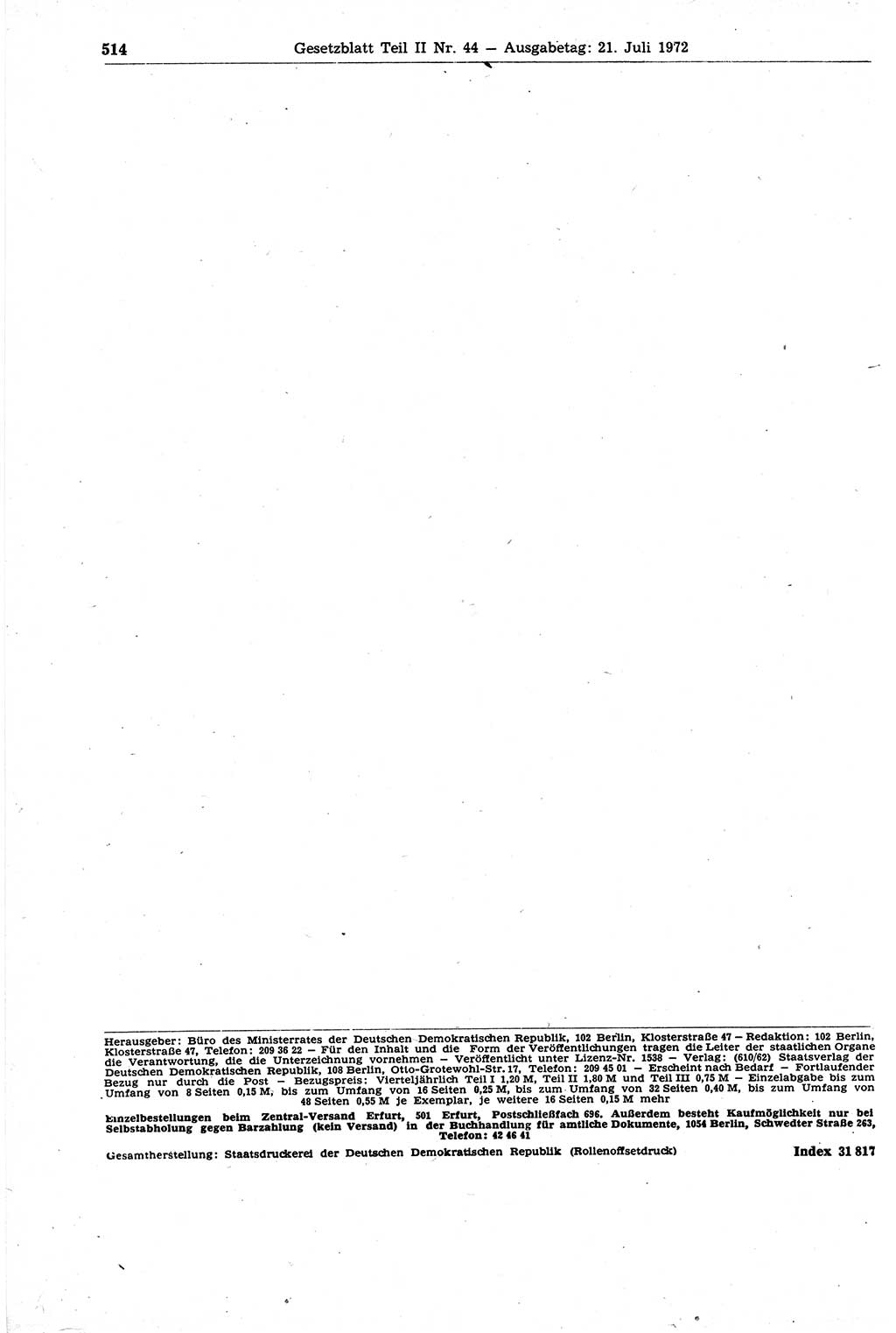 Gesetzblatt (GBl.) der Deutschen Demokratischen Republik (DDR) Teil ⅠⅠ 1972, Seite 514 (GBl. DDR ⅠⅠ 1972, S. 514)