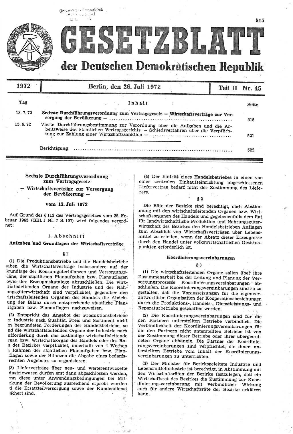 Gesetzblatt (GBl.) der Deutschen Demokratischen Republik (DDR) Teil ⅠⅠ 1972, Seite 515 (GBl. DDR ⅠⅠ 1972, S. 515)