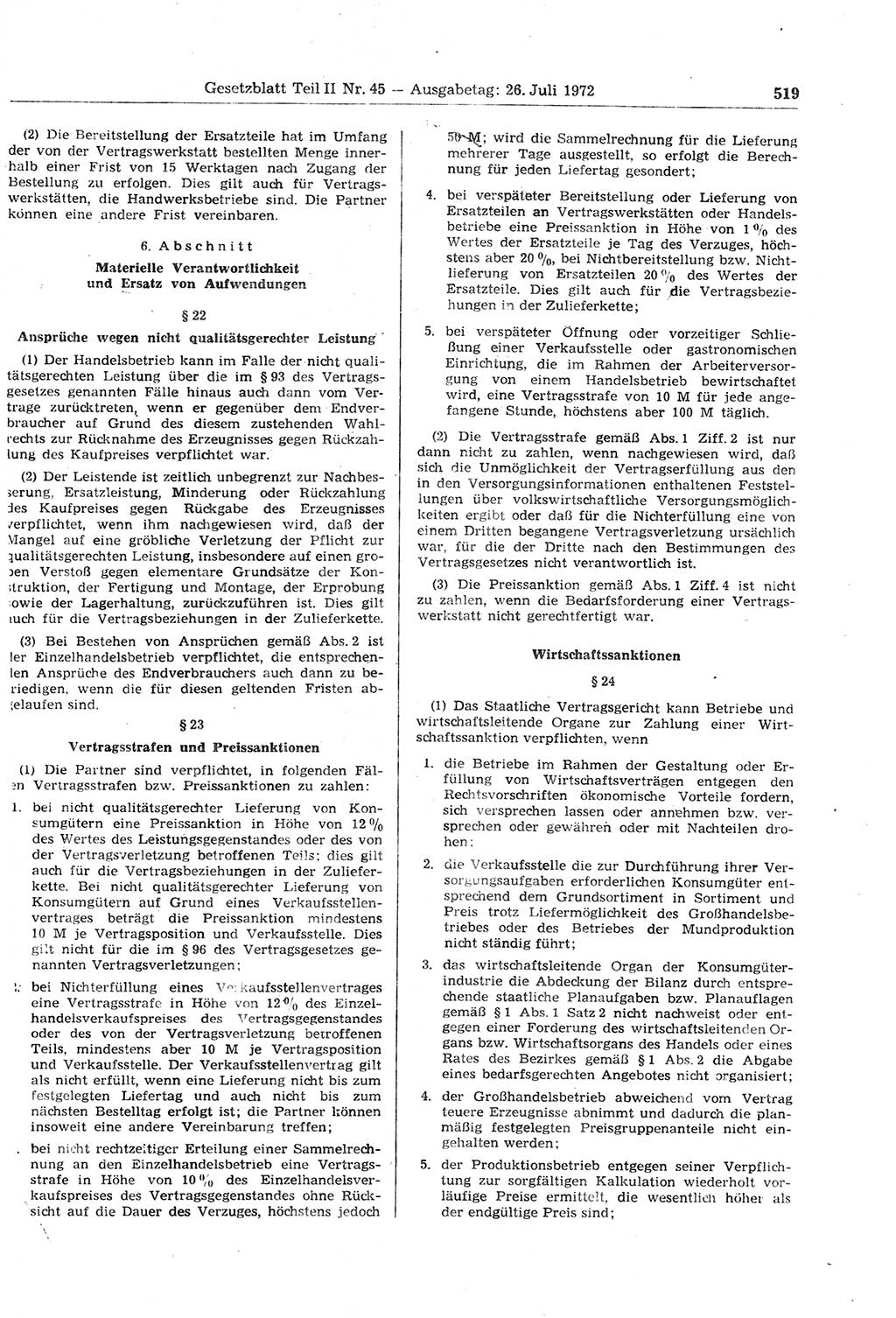 Gesetzblatt (GBl.) der Deutschen Demokratischen Republik (DDR) Teil ⅠⅠ 1972, Seite 519 (GBl. DDR ⅠⅠ 1972, S. 519)
