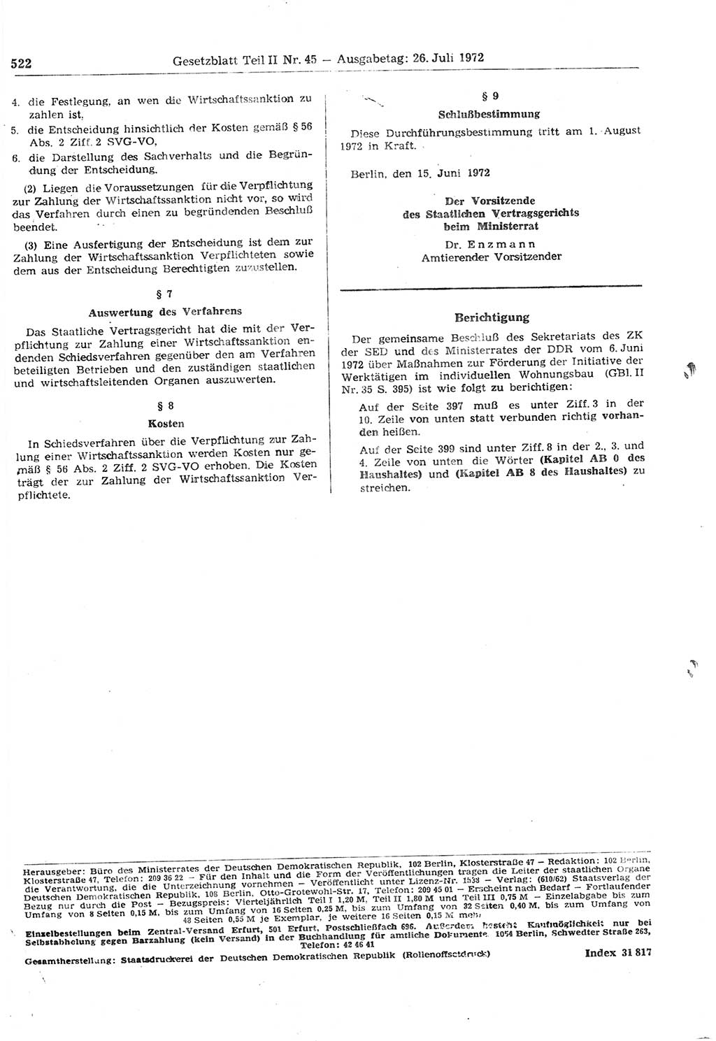 Gesetzblatt (GBl.) der Deutschen Demokratischen Republik (DDR) Teil ⅠⅠ 1972, Seite 522 (GBl. DDR ⅠⅠ 1972, S. 522)