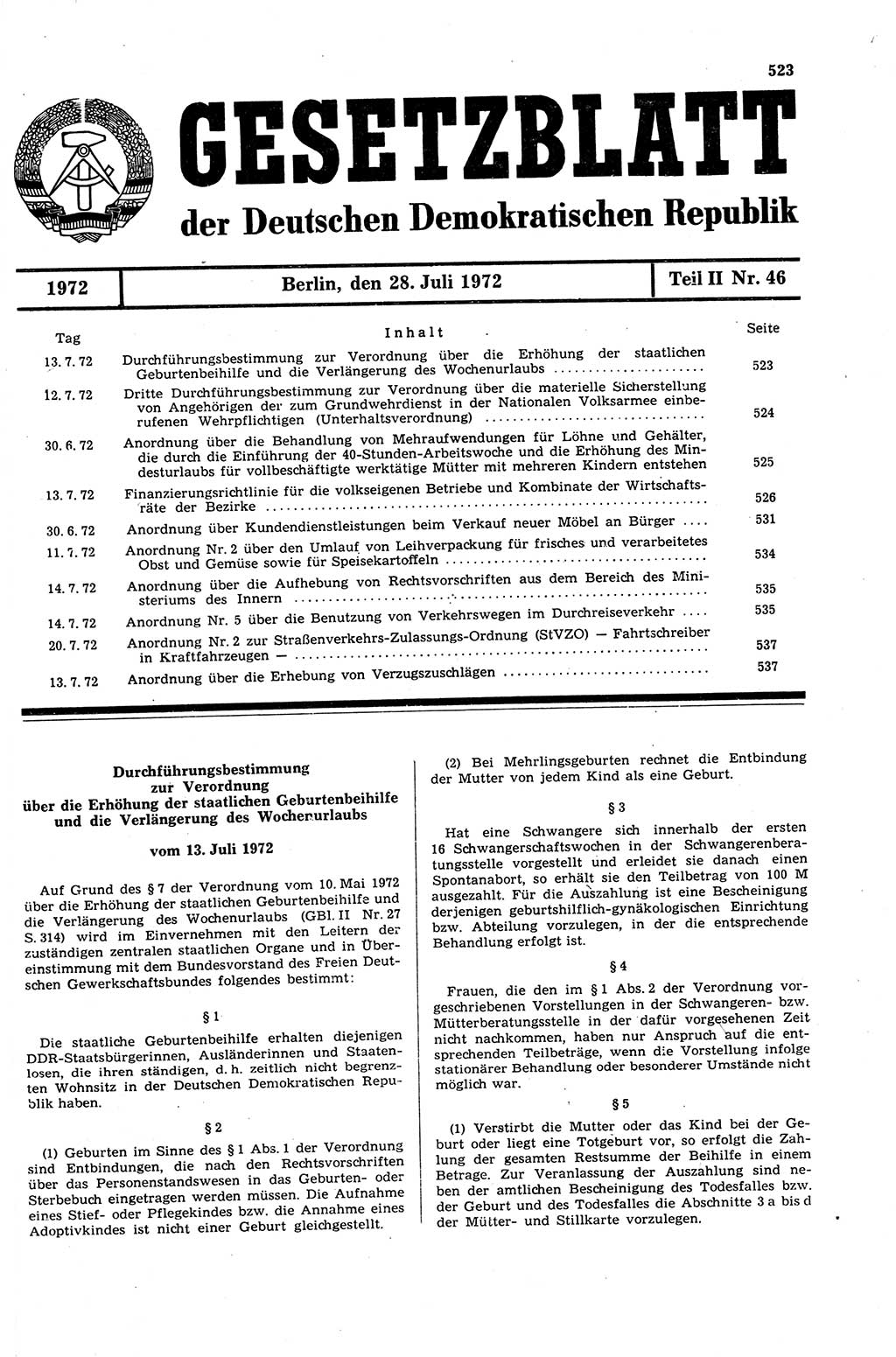 Gesetzblatt (GBl.) der Deutschen Demokratischen Republik (DDR) Teil ⅠⅠ 1972, Seite 523 (GBl. DDR ⅠⅠ 1972, S. 523)