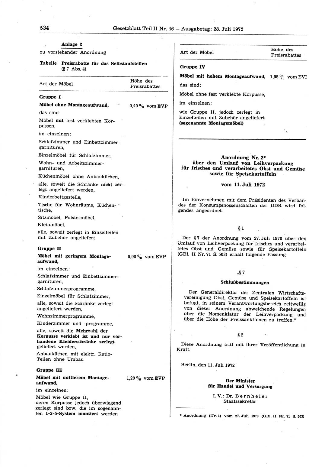 Gesetzblatt (GBl.) der Deutschen Demokratischen Republik (DDR) Teil ⅠⅠ 1972, Seite 534 (GBl. DDR ⅠⅠ 1972, S. 534)