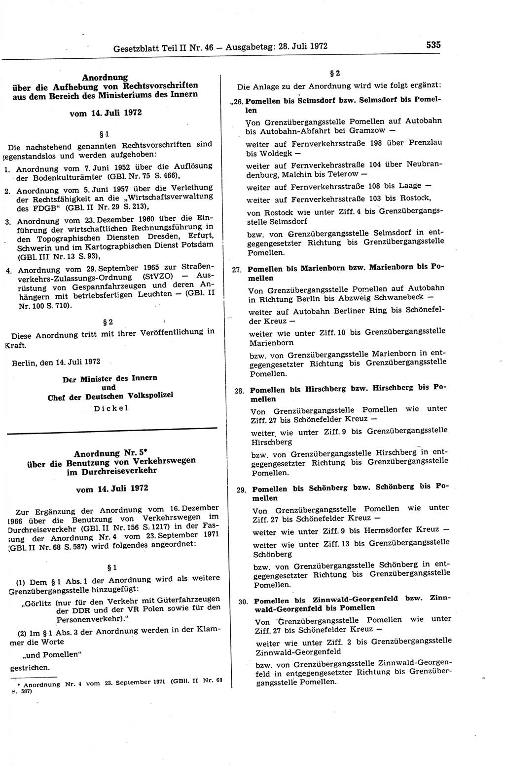 Gesetzblatt (GBl.) der Deutschen Demokratischen Republik (DDR) Teil ⅠⅠ 1972, Seite 535 (GBl. DDR ⅠⅠ 1972, S. 535)