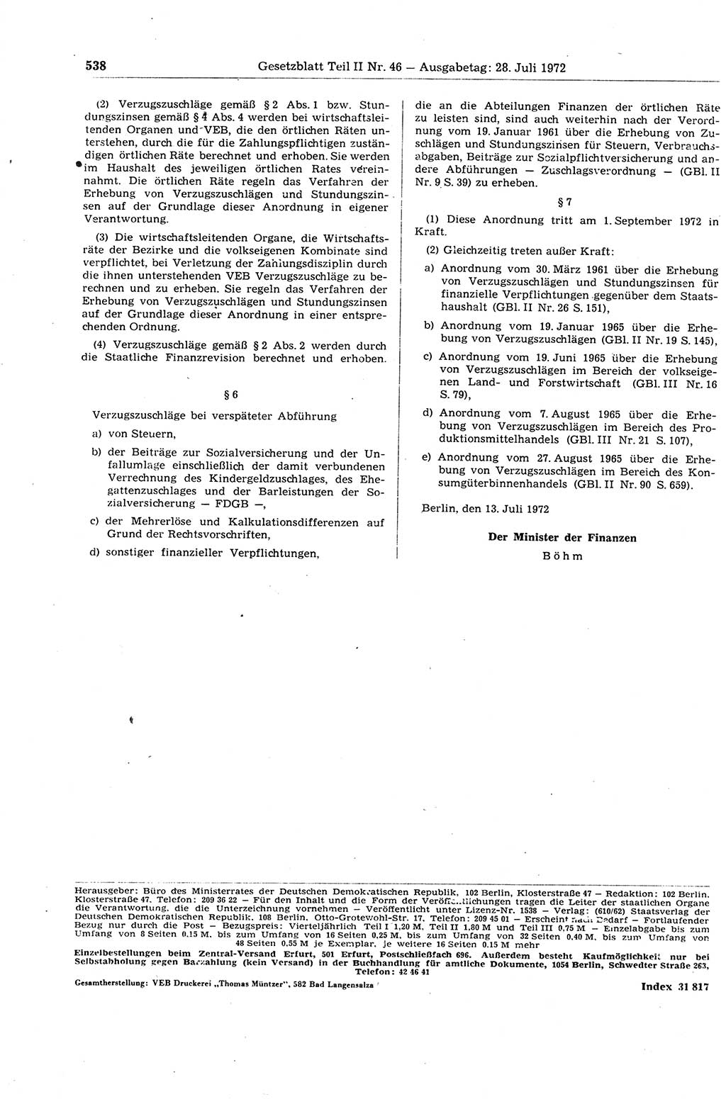 Gesetzblatt (GBl.) der Deutschen Demokratischen Republik (DDR) Teil ⅠⅠ 1972, Seite 538 (GBl. DDR ⅠⅠ 1972, S. 538)