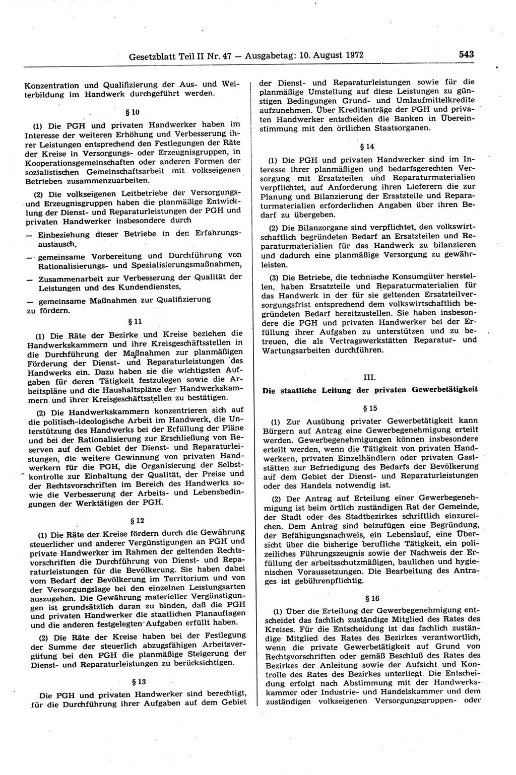 Gesetzblatt (GBl.) der Deutschen Demokratischen Republik (DDR) Teil ⅠⅠ 1972, Seite 543 (GBl. DDR ⅠⅠ 1972, S. 543)